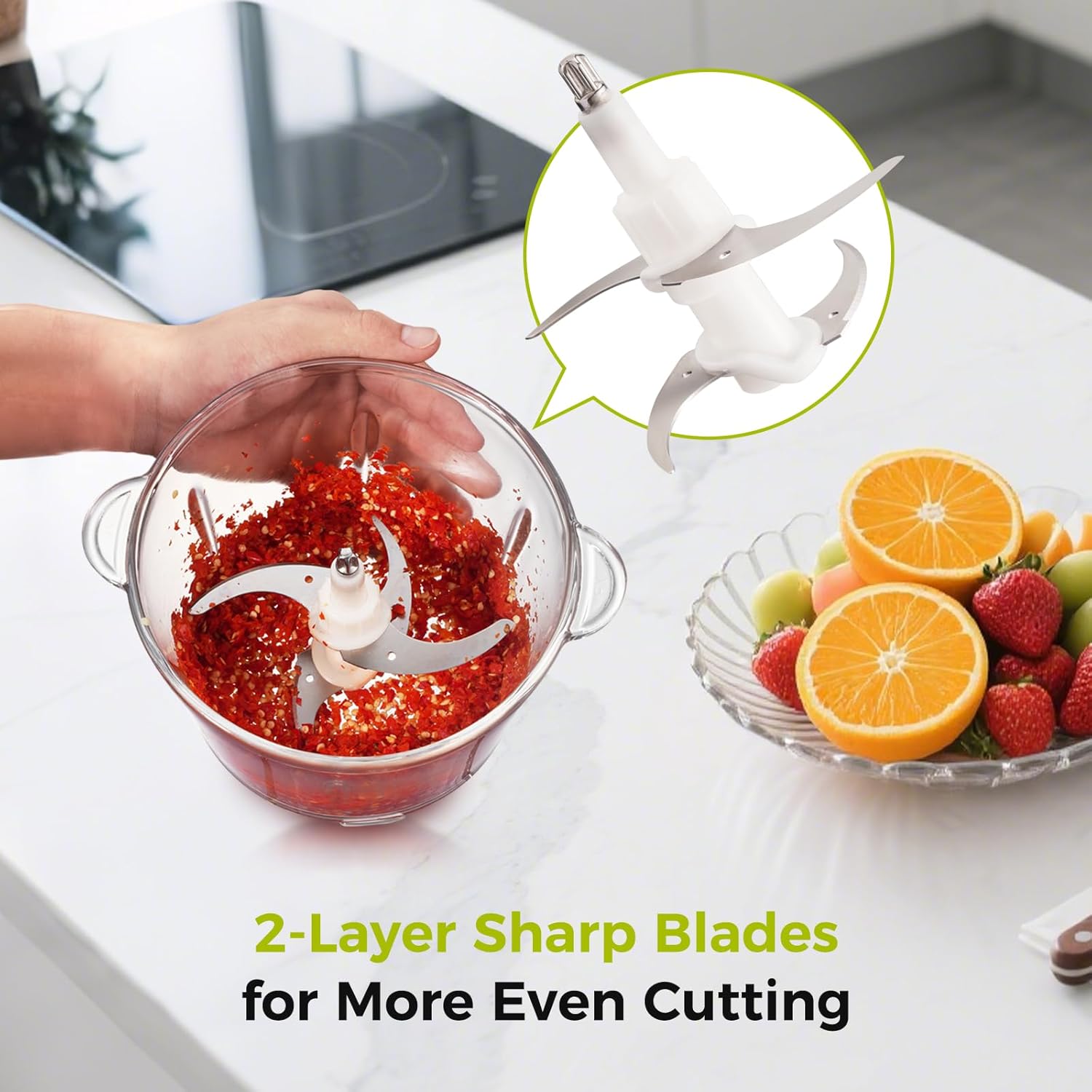 YASHE 1.8L+2L Electric Food Processors & Chopper with Glass and Stainless Steel Bowl,500W Meat Grinder with 2 Speeds, 2 Sets of Blades - Image 5