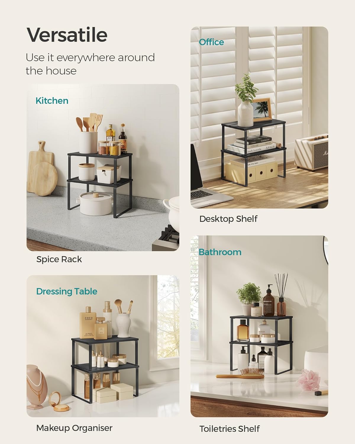 SONGMICS Spice Rack, Set of 2 Cupboard Shelf Organisers, Expandable Kitchen Shelf Organiser, Stackable Spice Holder, Metal and Engineered Wood, Ink Black and Ebony Black KCS02B01 - Image 6