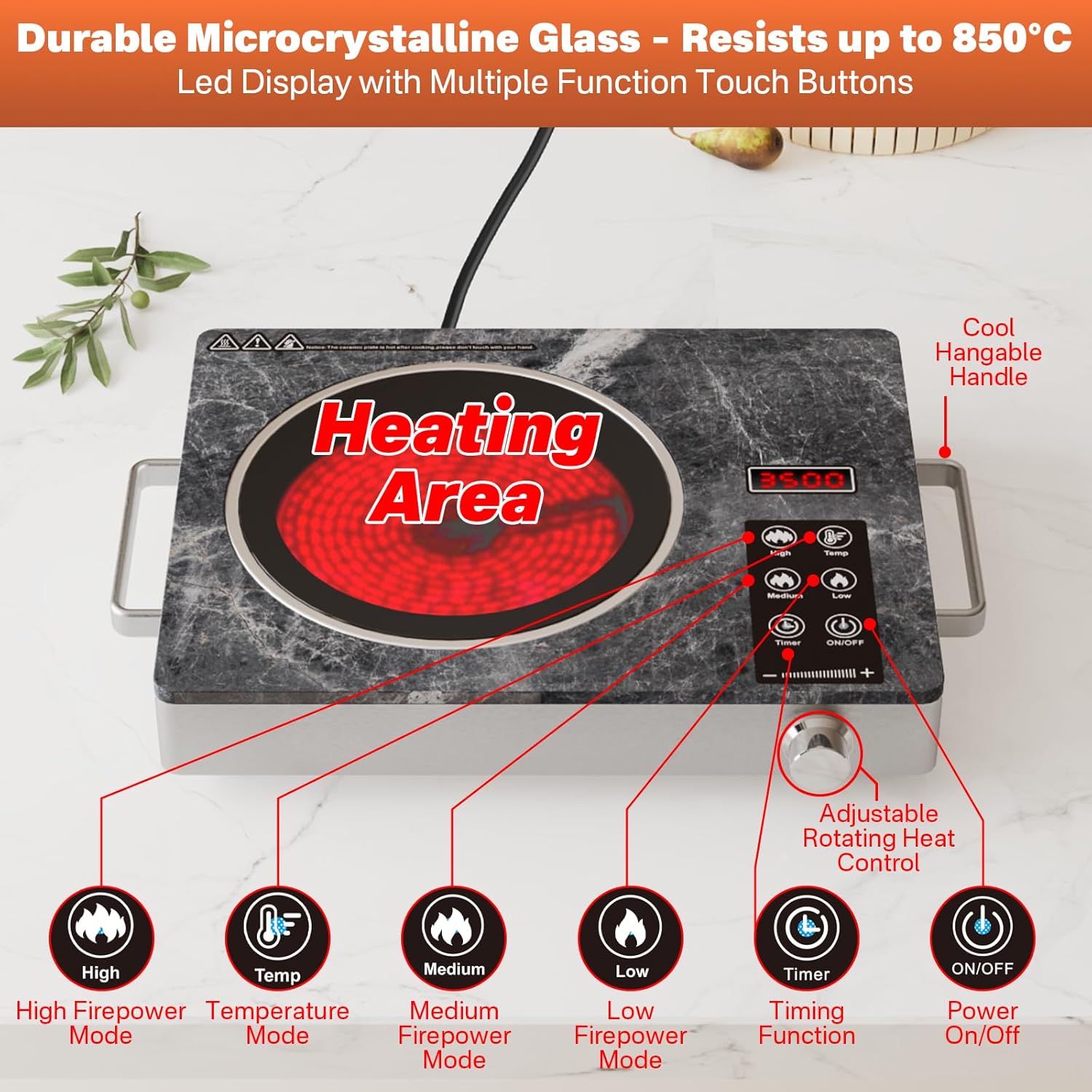 3500W Ceramic Cooktop | 230V Infrared Electric Hob | Compatible with All Flat-Bottom Pots | Microcrystalline Glass | Eco-Friendly & Safe | Premium Marble Design - Image 7