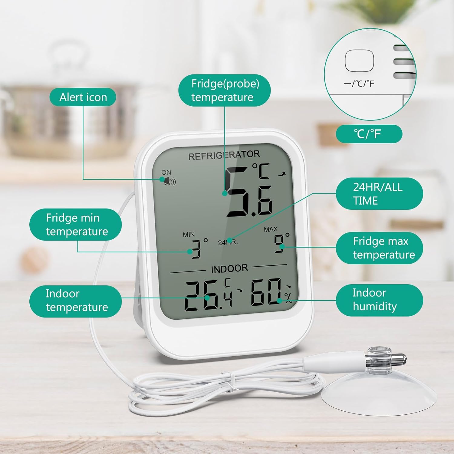 ORIA Refrigerator Thermometer with Waterproof Probe, Digital LCD Thermometer Temperature Monitor with Suction Cup, Temperature Alarm, Min/Max Value, 3 Mounting Options, for Fridge - Image 5