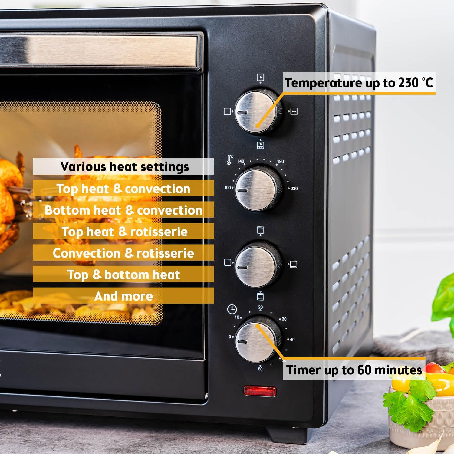 TZS First Austria - Mini Oven 60L 2000W - Small Pizza-Oven temperature control up to 230°C & 6 modes - Baking-Oven with 60 min. timer, 4 rack levels, baking tray, grill rack & rotisserie skewer - Image 4