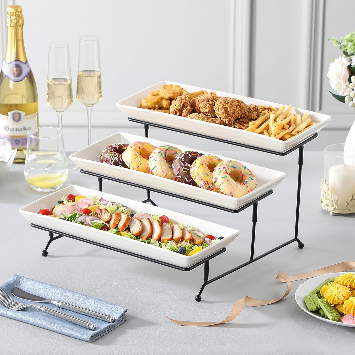 MALACASA 3 Tier Serving Platter, 14 Inch Porcelain Cake Stand with Black Mental Display Stand for Party Supplies, Ceramics Rectangular Serving Dishes for Dessert, Fruit, Cookies, Sushi, White - Image 8