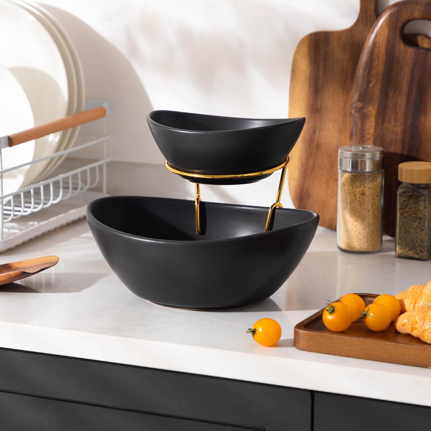 MALACASA 2 Tier Chip and Dip Serving Set with Metal Stand,Ceramic Appetizer Bowls for Party, Multi-Use Food Display for Fruits, Snacks, Black Elegant Tiered Serving Dishes for Party - Image 6