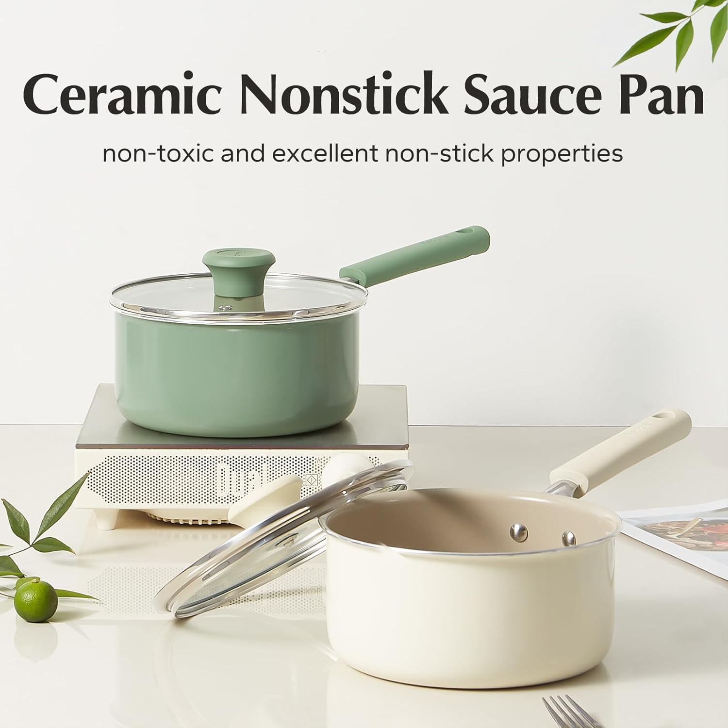 Redchef Ceramic Nonstick Saucepan with Lid,20cm Small Cooking Pot,Non Toxic Sauce Pans for Kitchen, Cool Handle PFAS Free Compatible with All Cooktops, Green - Image 2