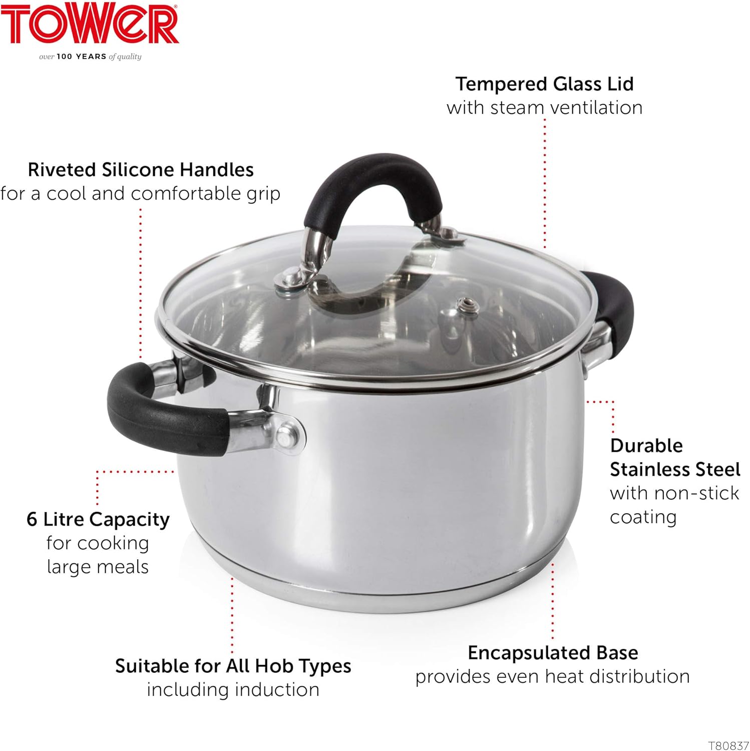 Tower T80837 Essentials 24cm Casserole Dish with Encapsulated Base & Tempered Glass Lid, Mirror Finish Interior & Exterior, Induction Compatible, Stainless Steel, Silver - Image 2