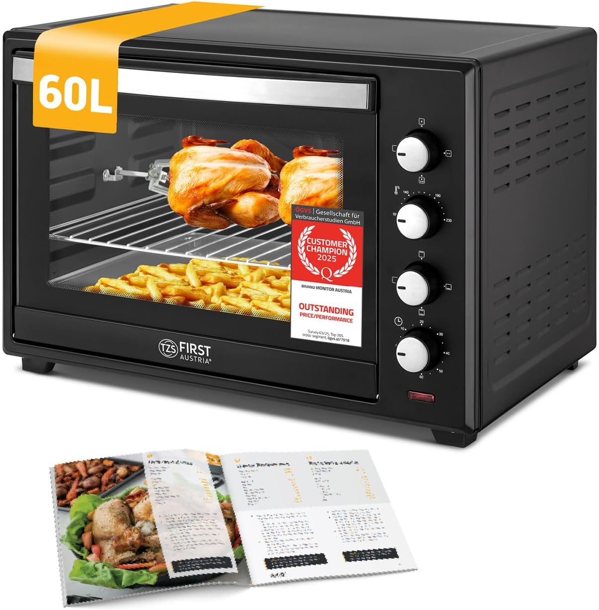 TZS First Austria - Mini Oven 60L 2000W - Small Pizza-Oven temperature control up to 230°C & 6 modes - Baking-Oven with 60 min. timer, 4 rack levels, baking tray, grill rack & rotisserie skewer