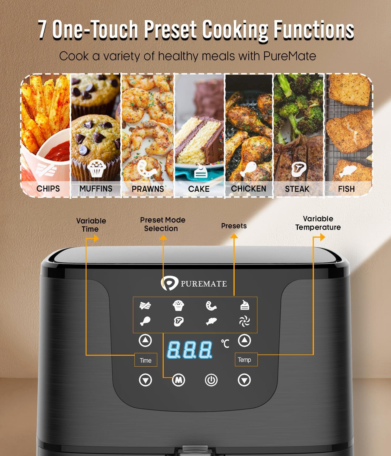 PureMate Air Fryer with Digital Display & Recipes Book, 5.5L Healthy Oil Free 1700W Air Fryer with 7 Preset, LED One Touch Screen, Timer & Adjustable Temperature Control - Image 5
