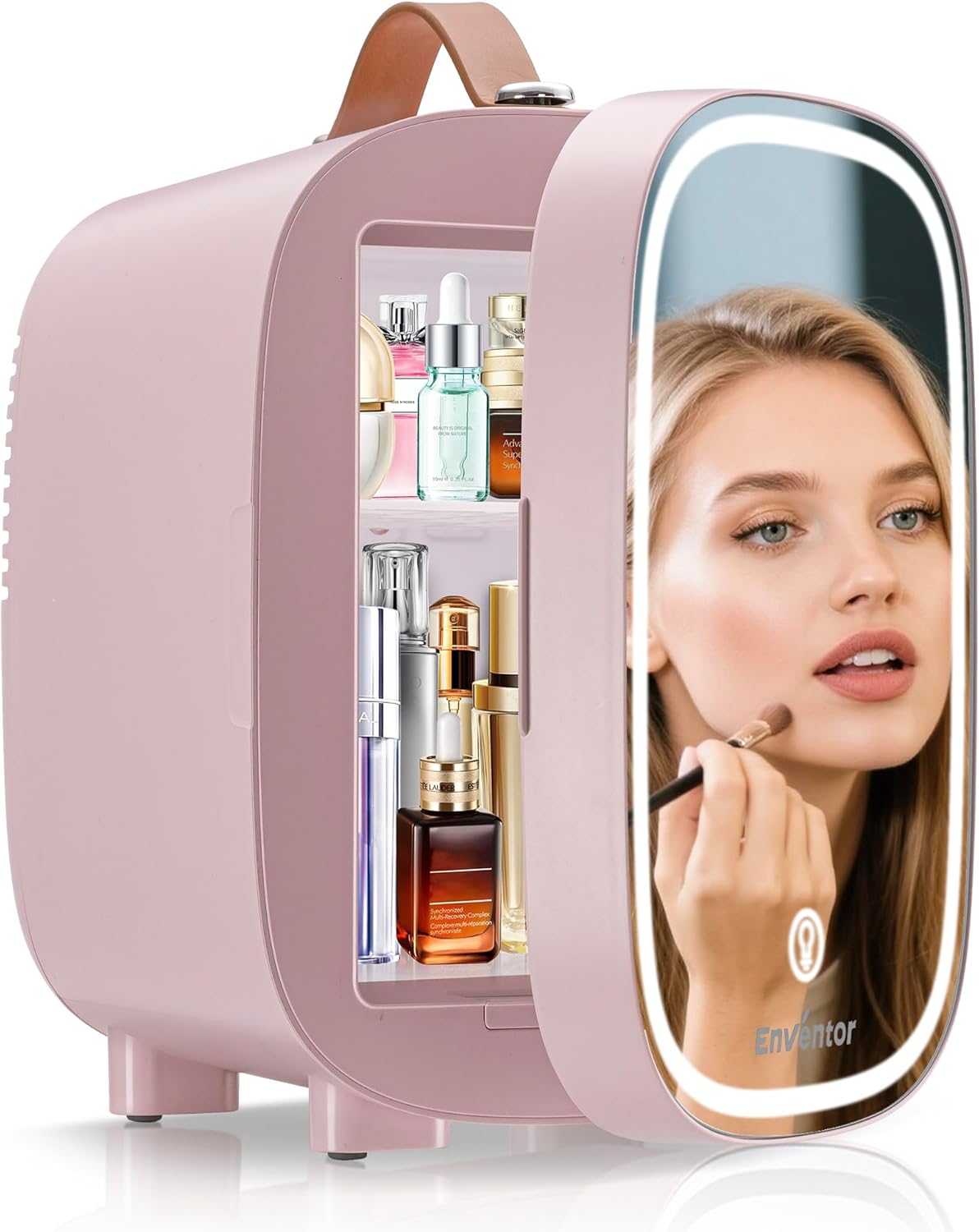 Enventor Mini Fridge 4L/ 6 Can, Skincare Fridge With Dimmable LED Light Mirror, AC+12V DC Power Cooler & Warmer for Bedrooms, Home, Car/Cosmetics, Skin Care and Food, Pink