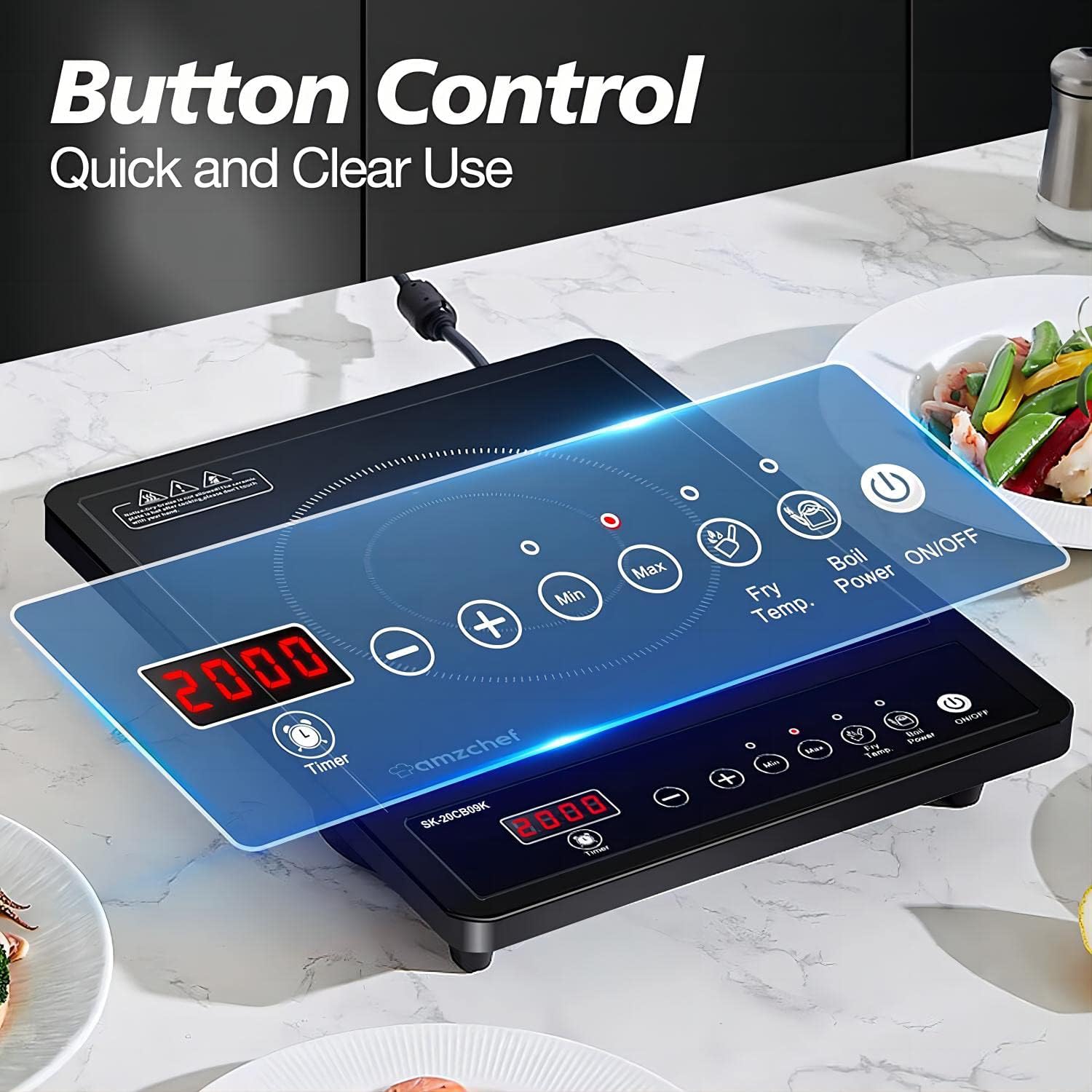 AMZCHEF Single Induction Hob, Portable Induction Hob, 10 Temperature Settings and Power levels from 300W to 2000W, Black Frosted Glass Panel,Sensitive Press Control, 3-hour Timer - Image 2