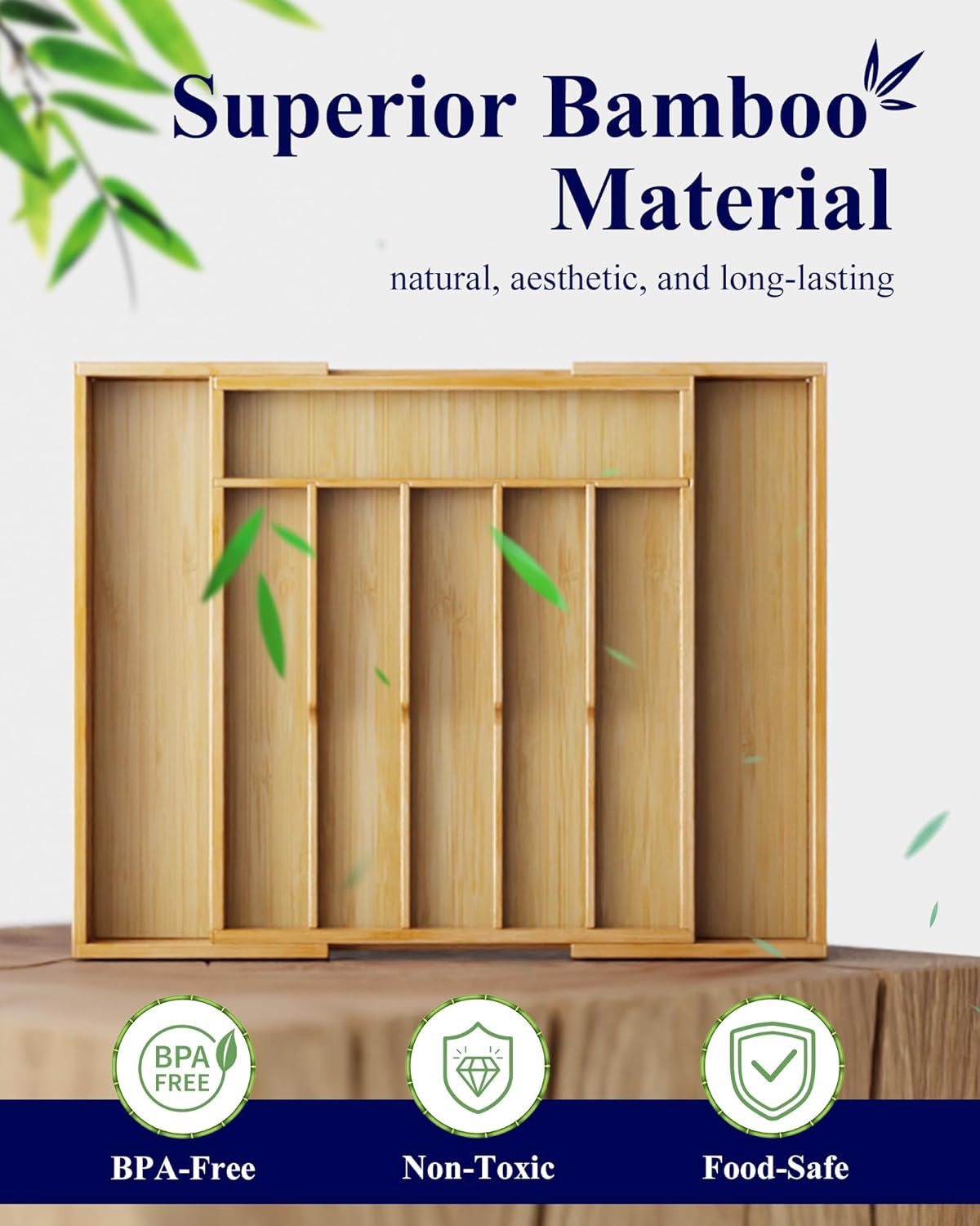 Kitsure Silverware Organizer - Expandable Bamboo Kitchen Drawer Organizer, Adjustable Cutlery Tray for Kitchen Storage & Organisation, 33.6 x 4.5 x 29.0-47.0 cm - Image 3