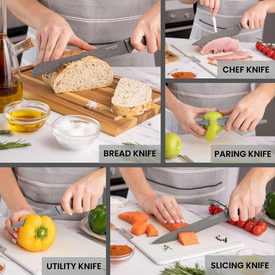 nuovva Professional Kitchen Knife Set – 5Pcs Stainless Steel Grey Granite Knife Set - Sharp & Non Stick Blades Lightweight – Chef, Bread, Utility, Filleting & Paring Tools - Image 6