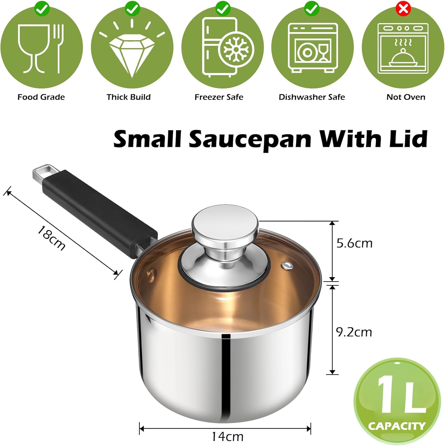 Homikit 14cm Tri-Ply Saucepan, Stainless Steel Milk Cooking Pan with Small Pouring Lips & Glass Lid, Suitable for Induction, Gas & Electric Hobs, Healthy, Mirror Finished & Easy Clean - 1 L - Image 2