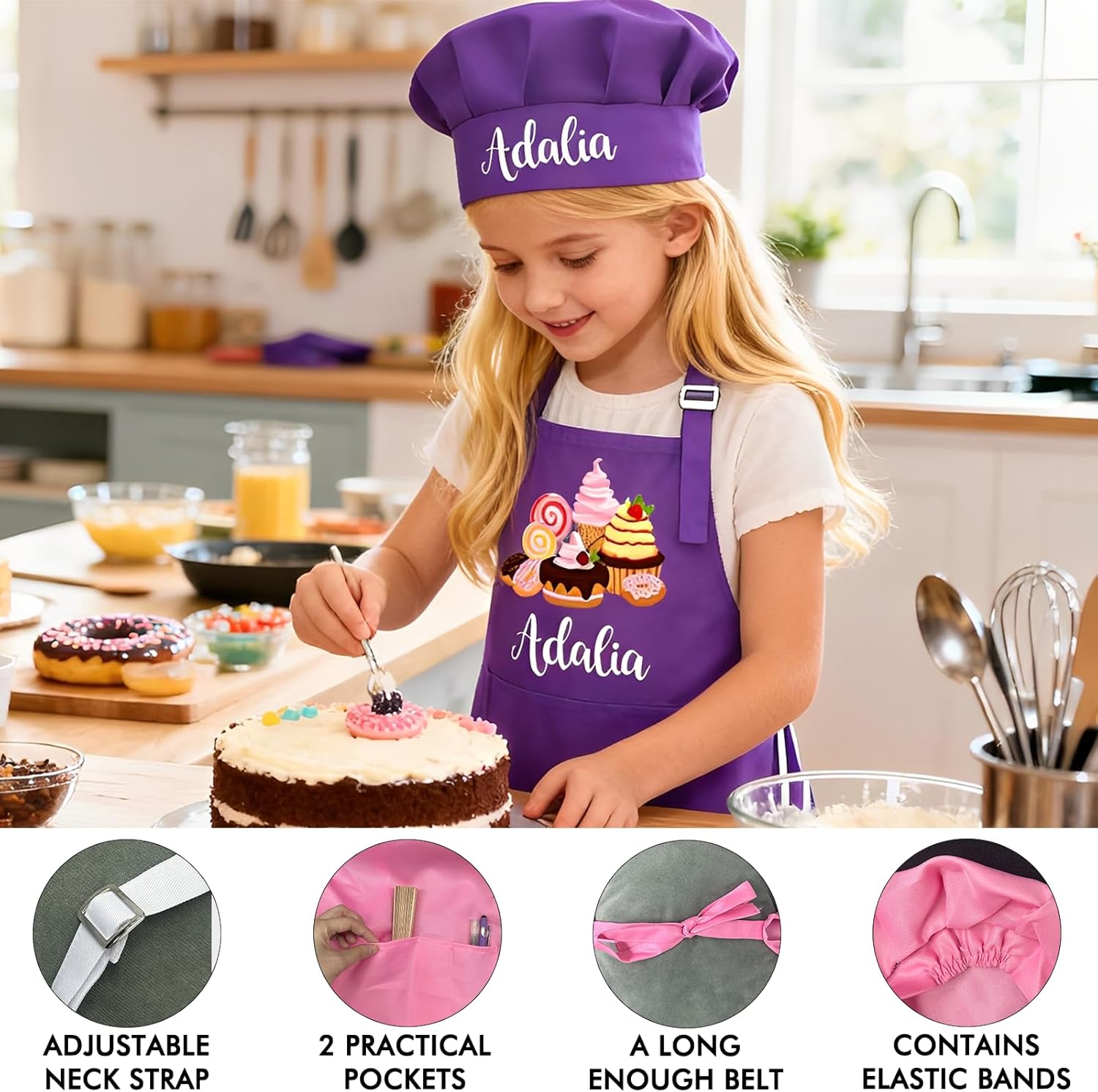 Personalised Kids Apron and Chef Hat Set Gift for Girls Boys Custom Kids Aprons with Name Adjustable Kitchen Cooking Child Aprons - Image 4