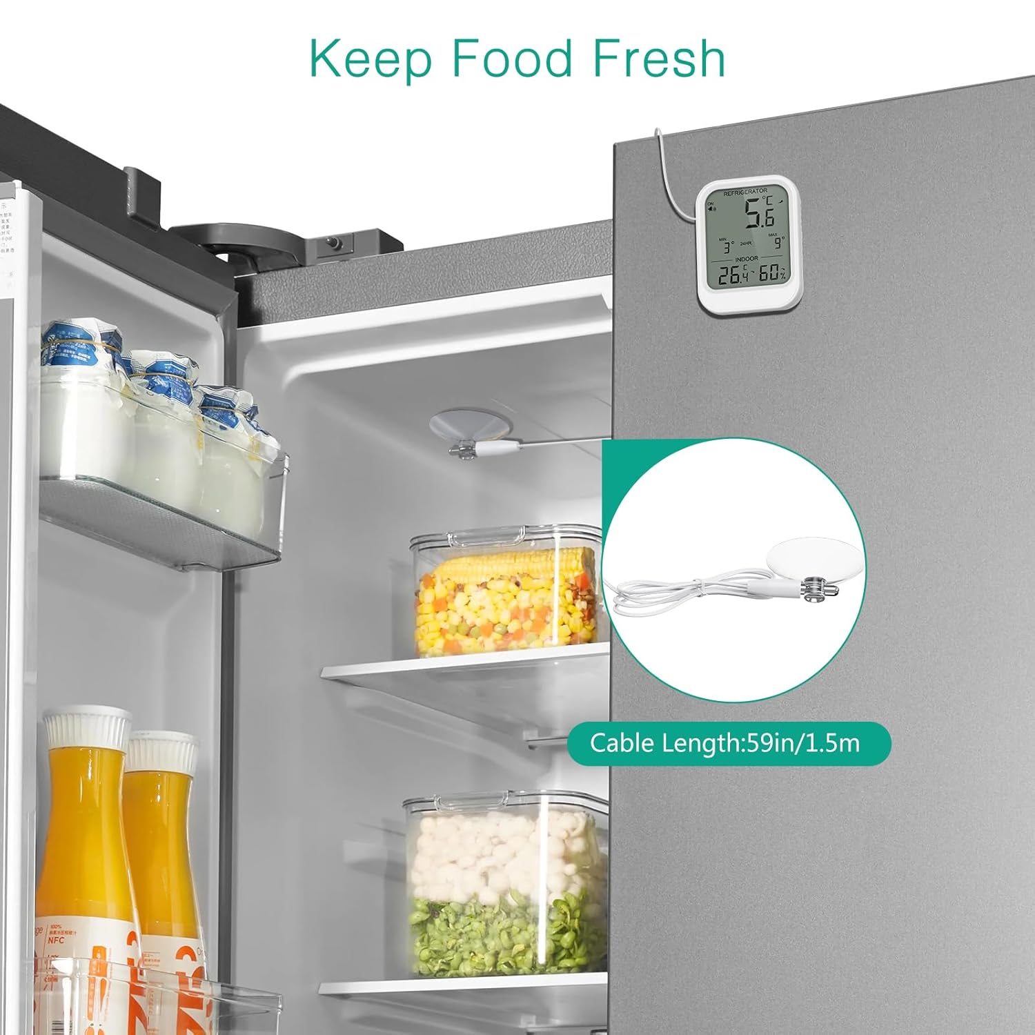 ORIA Refrigerator Thermometer with Waterproof Probe, Digital LCD Thermometer Temperature Monitor with Suction Cup, Temperature Alarm, Min/Max Value, 3 Mounting Options, for Fridge - Image 4