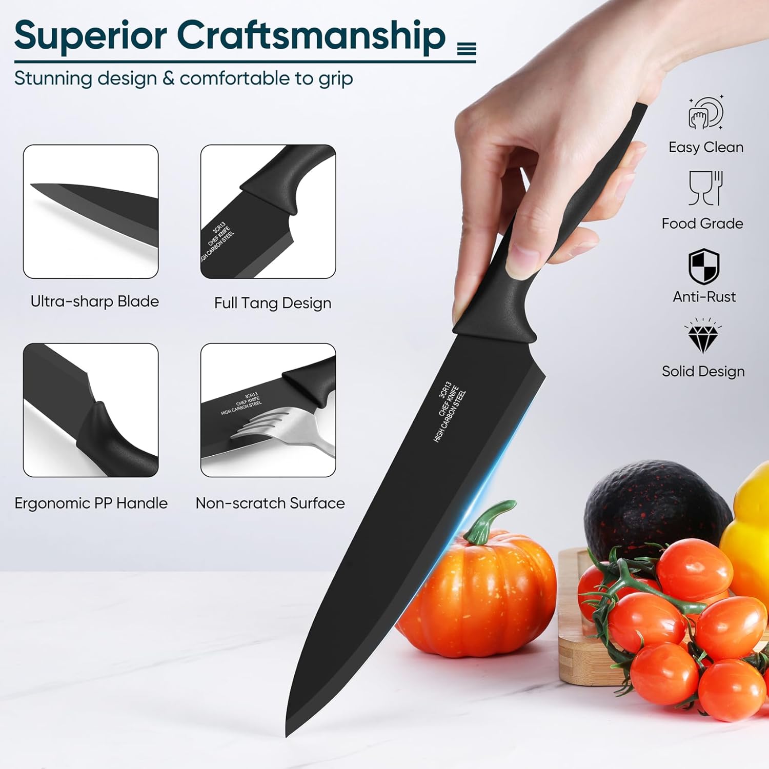 Homikit 6 Pieces Kitchen Knife Set with 6Pcs Covers, Stainless Steel Sharp Knives Including Paring, Utility, Bread, Slicing, Santoku & Chef Knife, Non-Stick Coating & Easy Clean - Black - Image 3