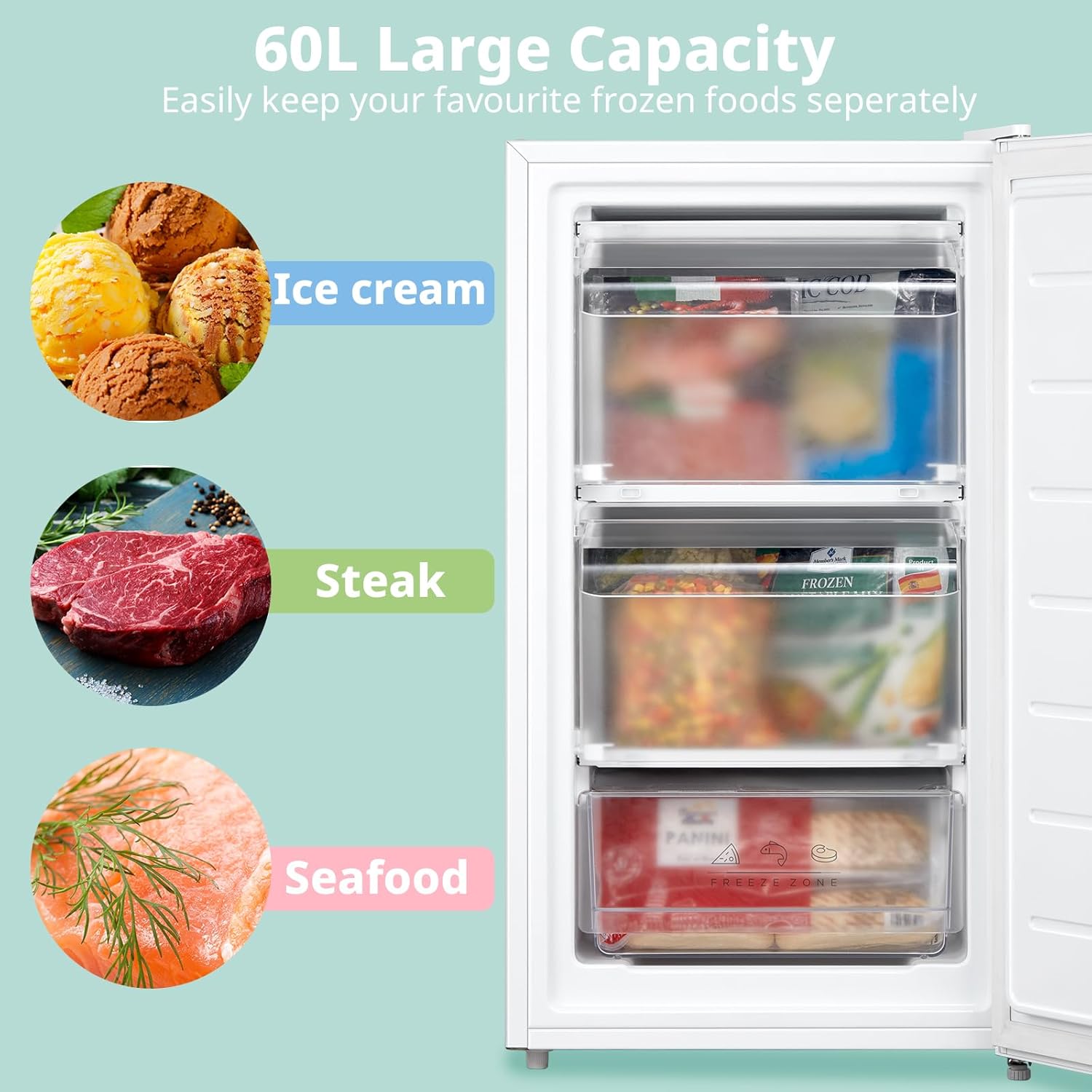 COMFEE' RCU60WH2(E) 60L Freestanding Under Counter Upright Freezer, 4-Star Freezer up to -24°C, 3 Storage Compartmen, Adjustable Thermostat, Reversible Door, White - Image 4