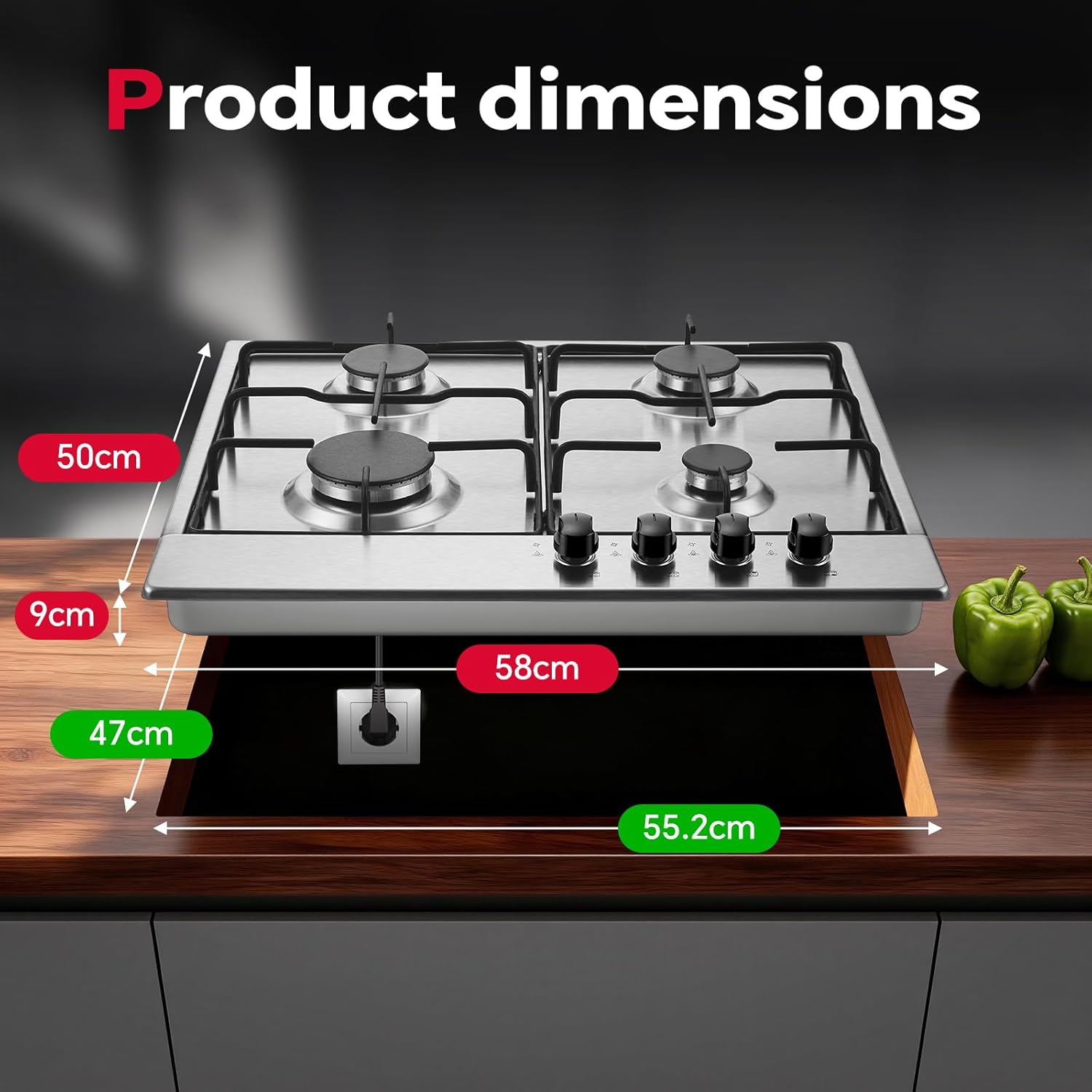 SNDOAS Gas Hob 4 Burners, 60cm Stainless Steel Cooktop, Built-in Gas cooker Hob, 7060W, NG/LPG Convertible, Silver Metallic Finish with Automatic Ignition - Image 4