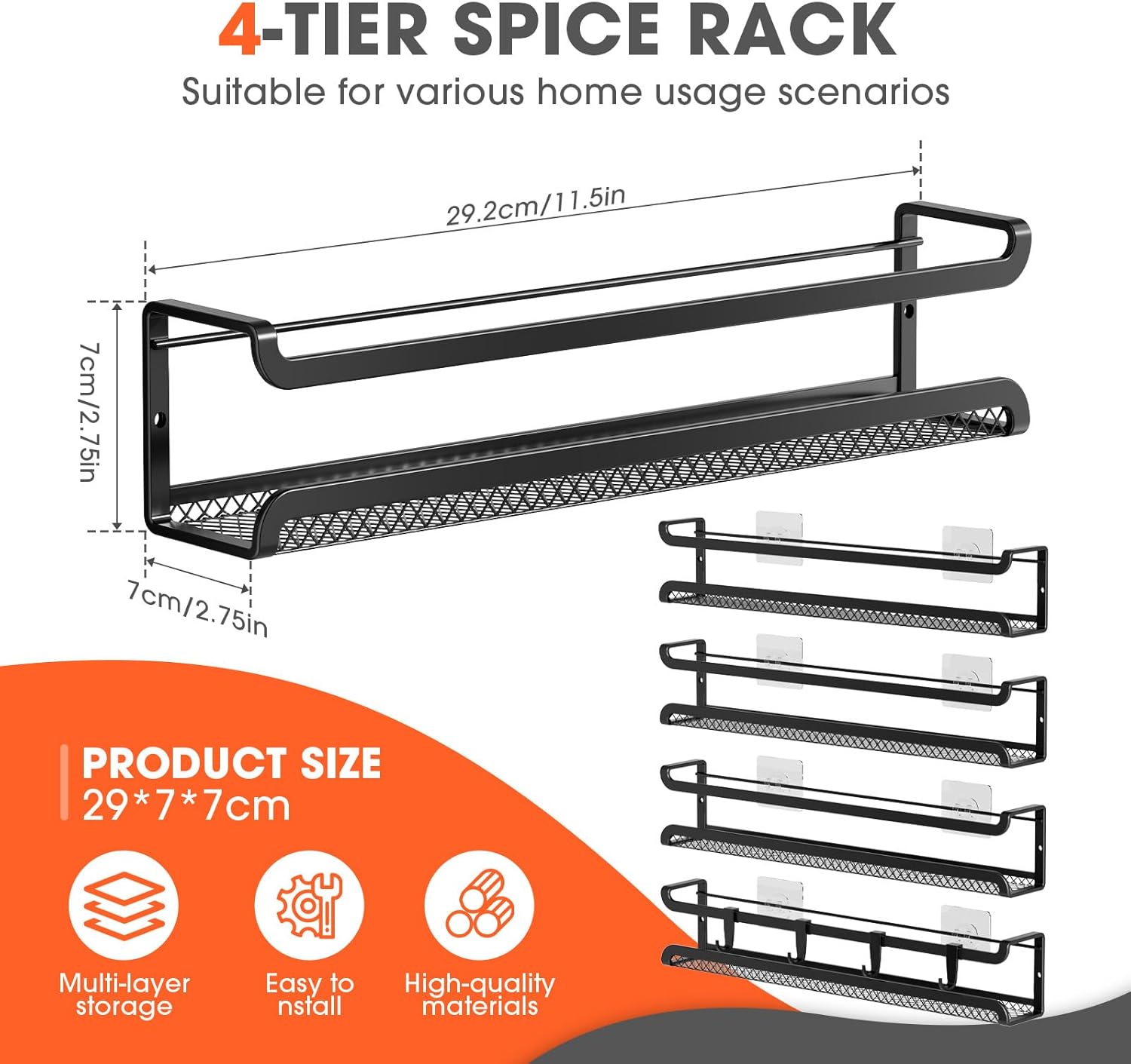Spice Rack Wall Mounted 4 Pack, Inside Cupboard Spice Organiser with Moveable 4 Hooks, Adhesive and Screws – Seasoning Organizer for Kitchen Door Storage(Black) - Image 2