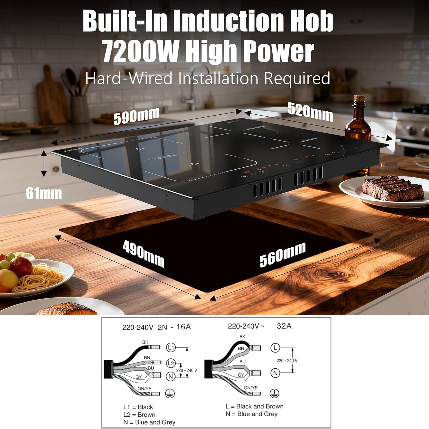 Karinear Flex Induction Hob with 99 Min Timer Safe Lock Black,4 Ring Electric Hob 60cm with Hard Wire(7200W) - Image 9