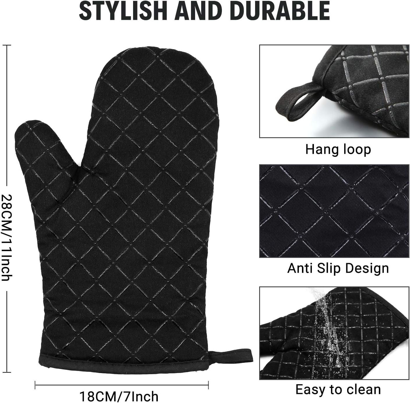 Oven Gloves,Heat Resistant Silicone Oven Gloves Non-Slip Kitchen Oven Mitts for Grilling Cooking Baking Kitchen Microwave Pizza (Black) - Image 2