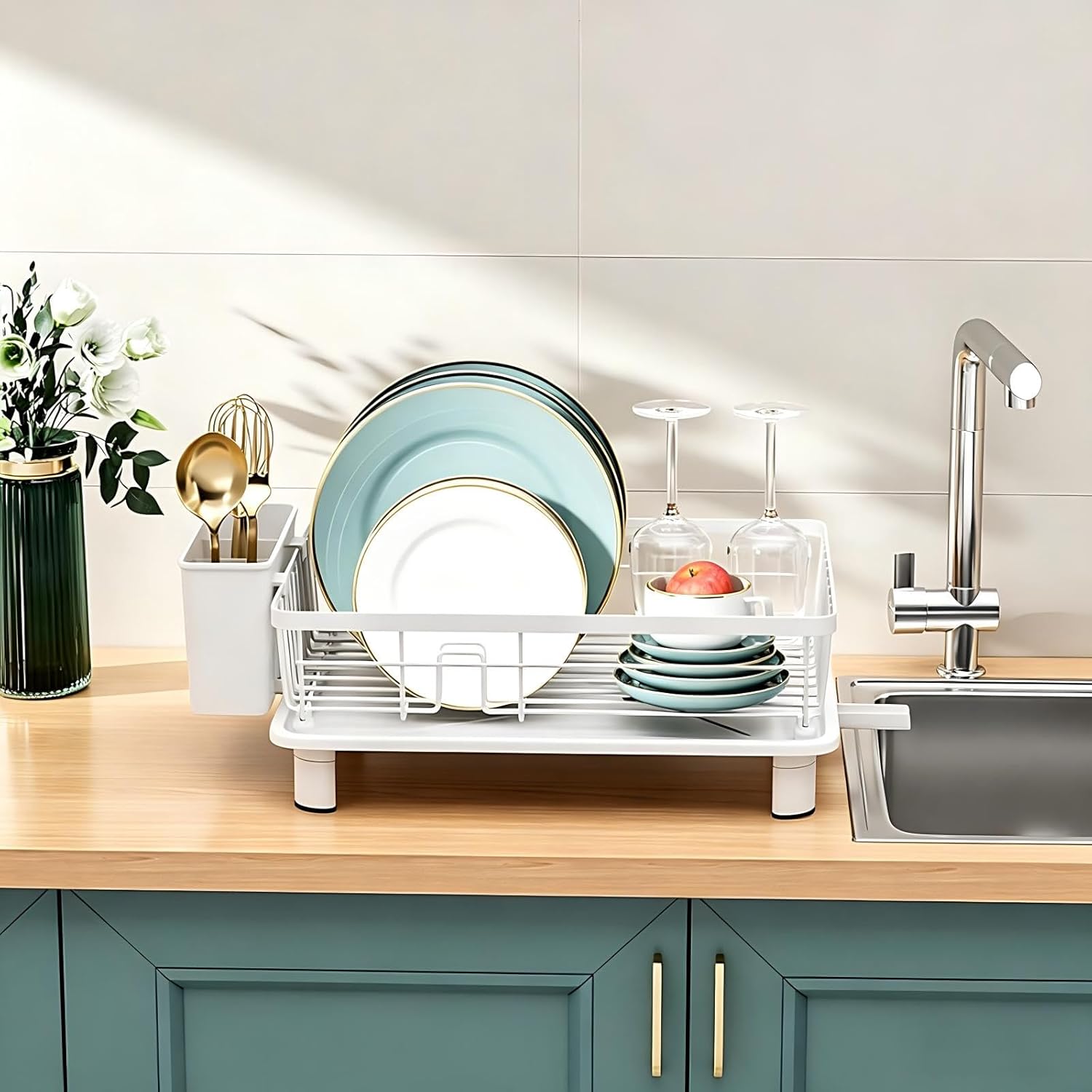 Dish Drainer Rack with Drip Tray Kitchen Dish Drying Rack with 360°Swivel Spout Metal Sink Drainer with Removable Cutlery Holder (White, Small)