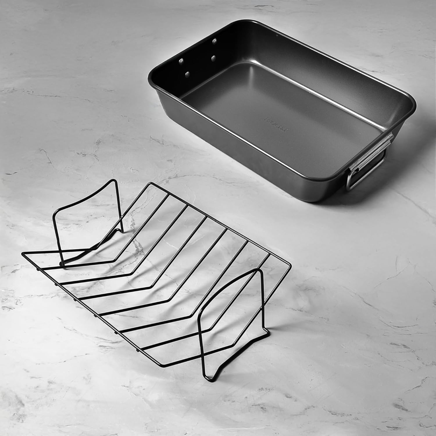 Prochef 15" Roaster with V Rack, Non-Stick Heavy Gauge Roasting Tray, PFAS-Free, Dishwasher Safe, Oven Safe to 230°C – 38.5x27.5x7.5cm Large Roasting Pan, Grey, BlackOne - Image 2