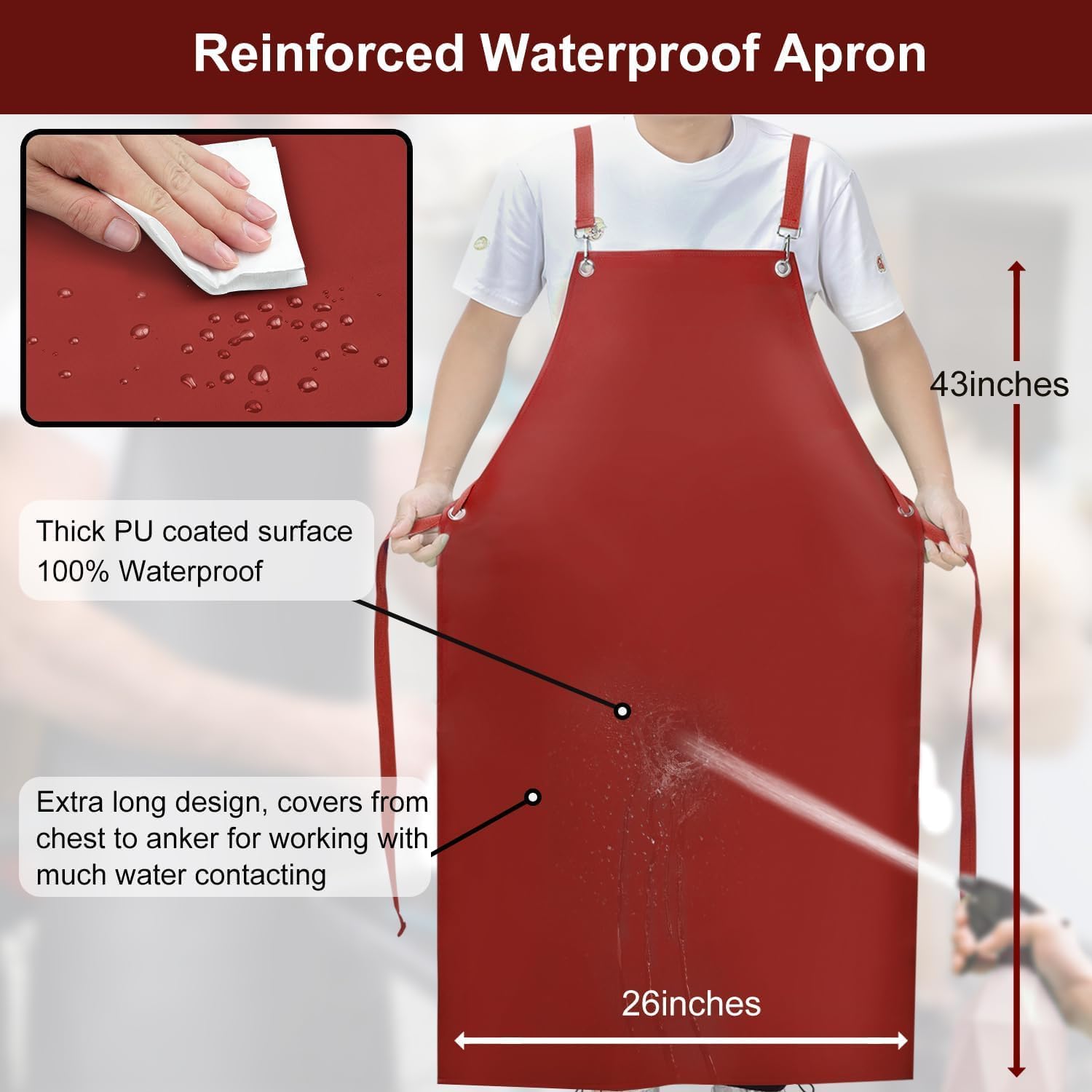 SHEOMERN PU Rubber Waterproof Aprons for Dishwashing, Heavy Duty Butcher Apron, Adjustable Cross Back Apron for Dishwasher, Red - Image 2