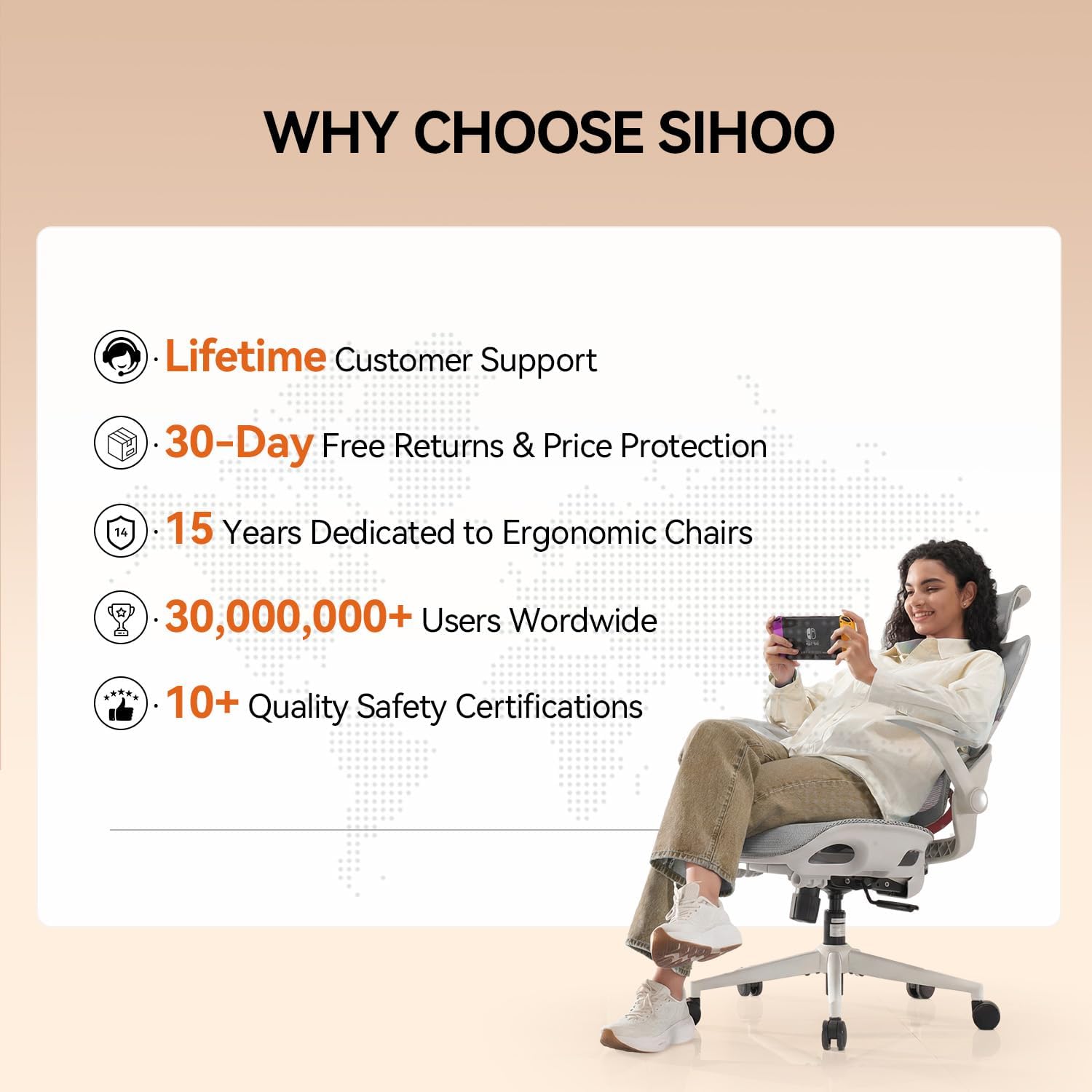 SIHOO B100 Ergonomic Office Chair, Comfy Desk Chair with Adaptive Dynamic Lumbar Support, Computer Chair with Extra Wide Headrest, Flip-Up Armrests, 90-135° Tilt Lock and Breathable Mesh Cushion - Image 10