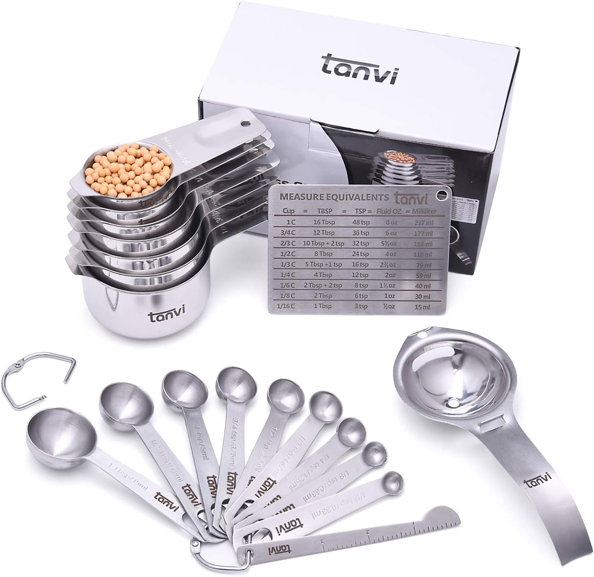 Tanvi Measuring Cups and Spoons Set (21 PCS) - Stainless Steel Measuring Ruler, Egg Separator, Leveler and Magnetic Measurement Conversion Chart with 2 D Rings