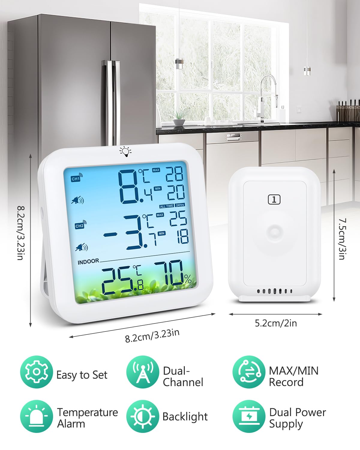 ORIA Wireless Fridge Thermometer, Digital Refrigerator Thermometer with 2 Sensors, Color Display, Max/Min Values, Alarm, USB/Battery Powered Freezer Temperature Sensor for Home - Image 2