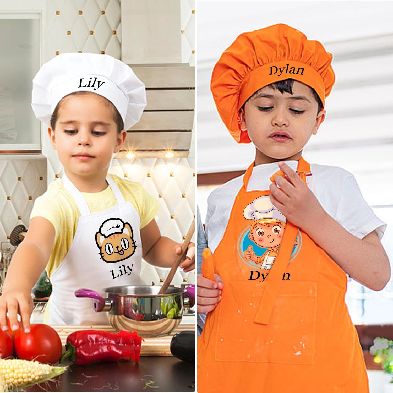 YanNanKe Personalised Aprons for Kids Chef Hat and Apron Custom Name Kids Apron for Cooking Baking Kitchen Painting - Image 7
