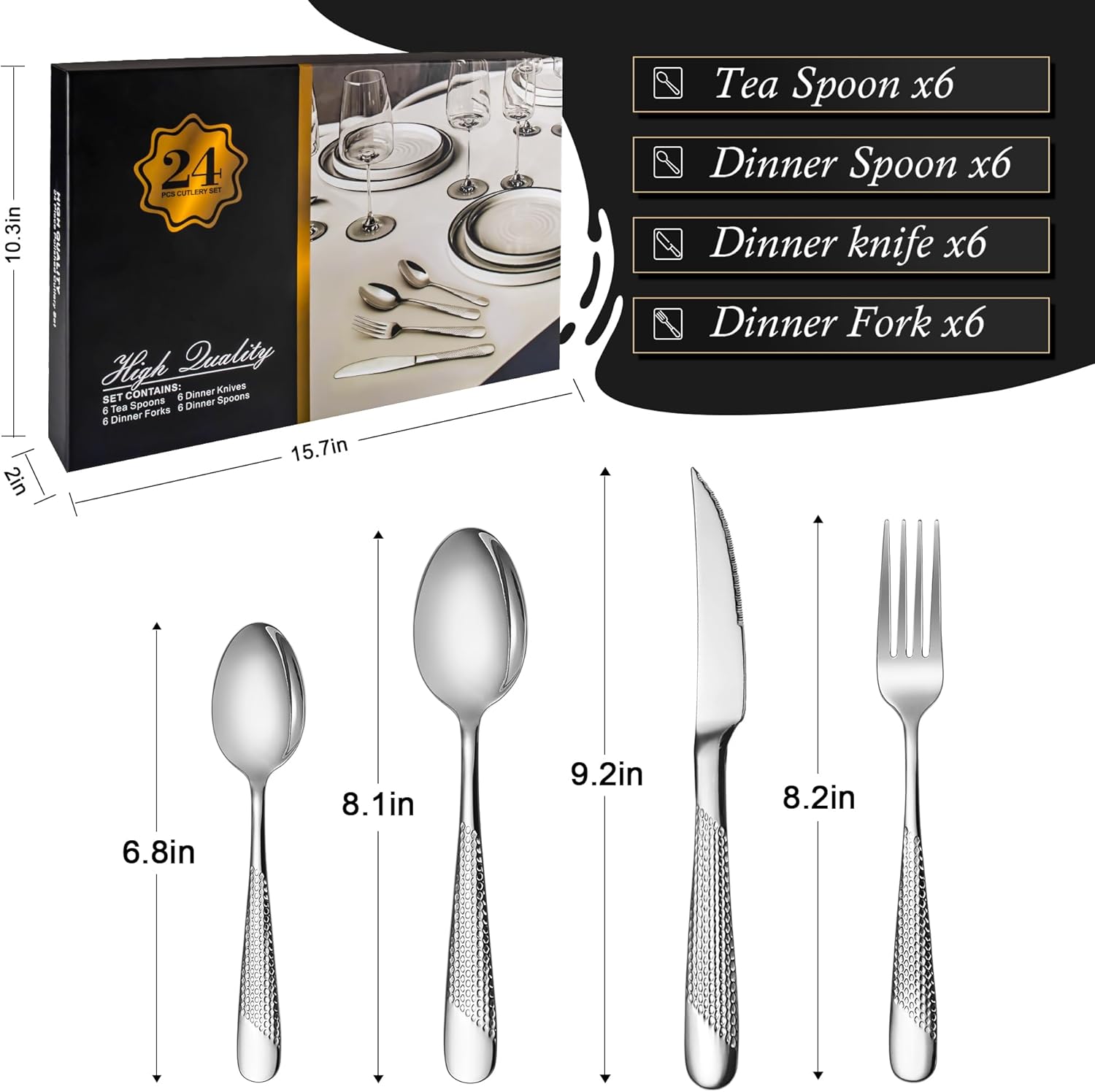 Cutlery Set, 24 Piece Knife and Fork Sets, Stainless Steel Tableware Set with Hammered Pattern Design, Silverware Flatware Set Included Forks/Knives/Spoons, Service for 6, Gift Box - Image 2