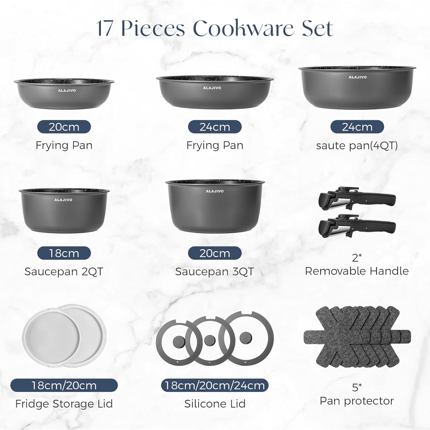 Non Stick Pots and Pans Set 17 Piece, Induction Hob Pan Set, Nonstick Removable Handle Kitchen Cookware Sets, Pot Set, Frying Pans Sets, Saucepan Sets with Lids - Image 2