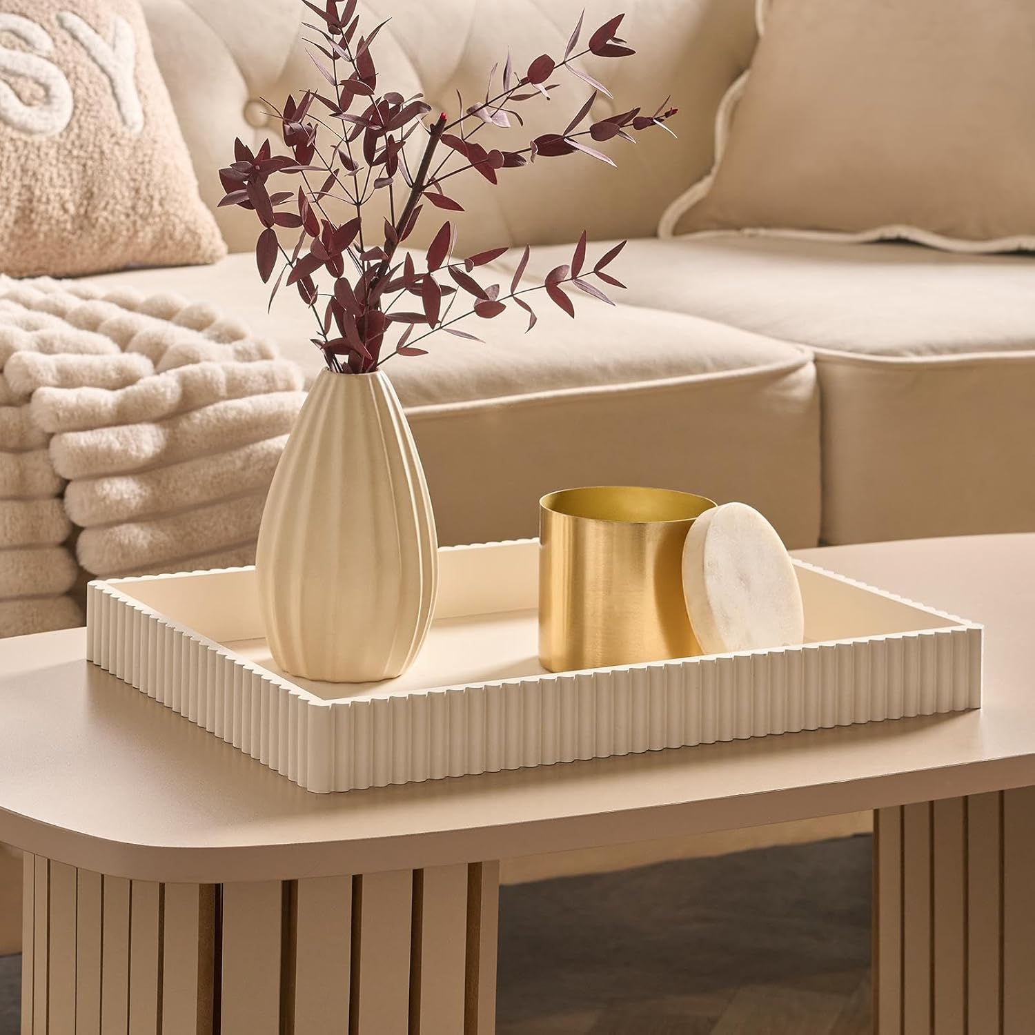 OHS Rectangle Decorative Tray, Ribbed Coffee Table Tray Modern Centrepiece Decoration Kitchen Counter Candle Holder Plastic Organiser Accessory Trays, Cream