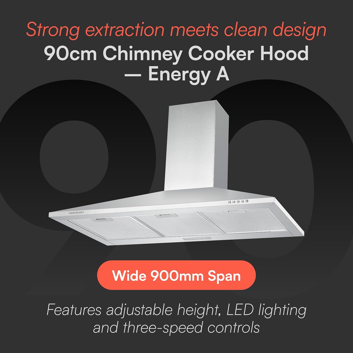 Cookology CH900SS/A 90cm Chimney Cooker Hood Extractor Fan, Energy A Rated, 3 Speed 450m3/hour, LED Lights, Wall Mount Range Hood - in Stainless Steel - Image 2