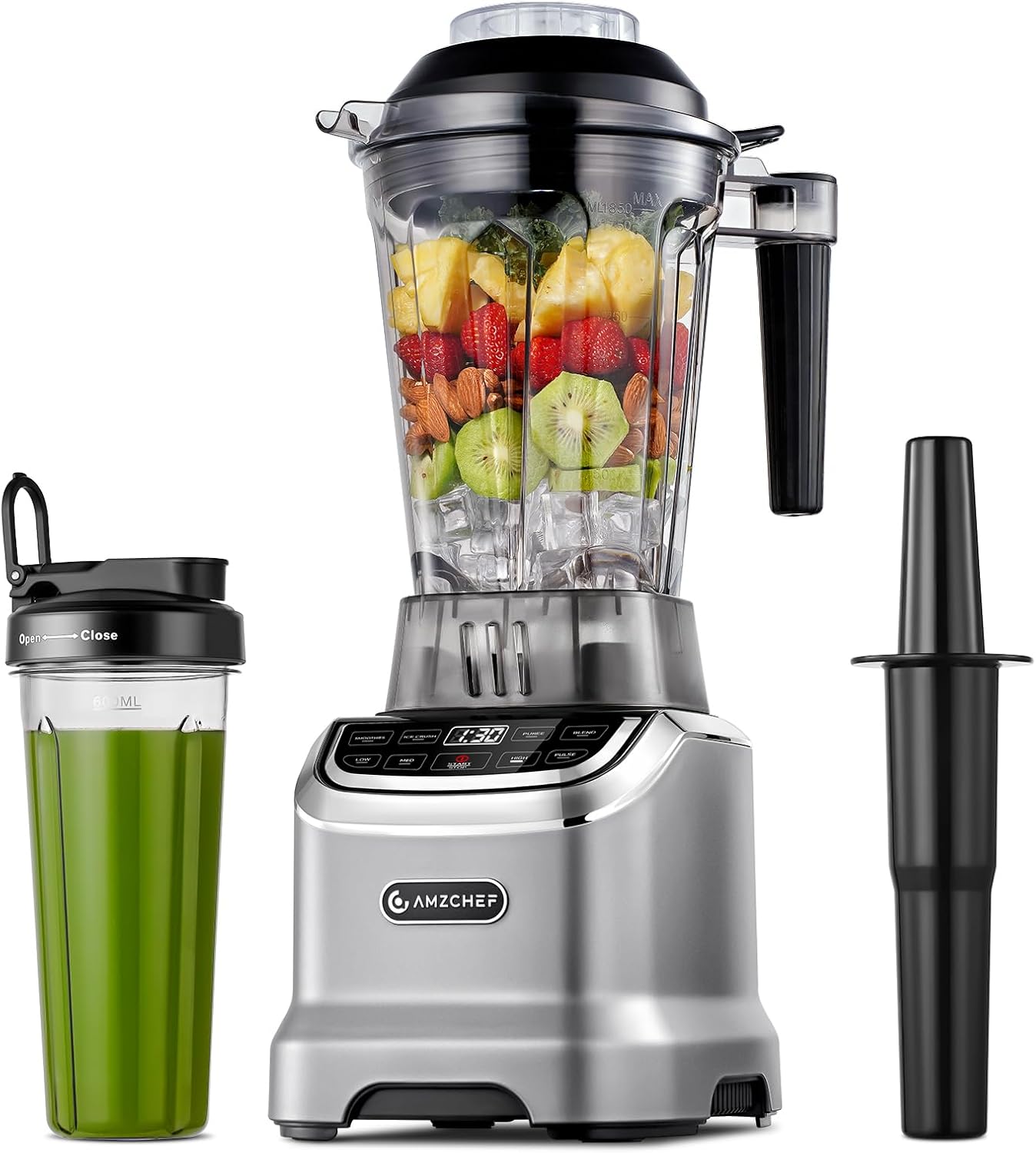 AMZCHEF Blender Smoothie Maker with Two Ways, 1800W Blenders for Kitchen with Smart Panel Control, 3 Speed Control & 4 Preset Settings, 1.85L Jug & 600ml Portable Bottle