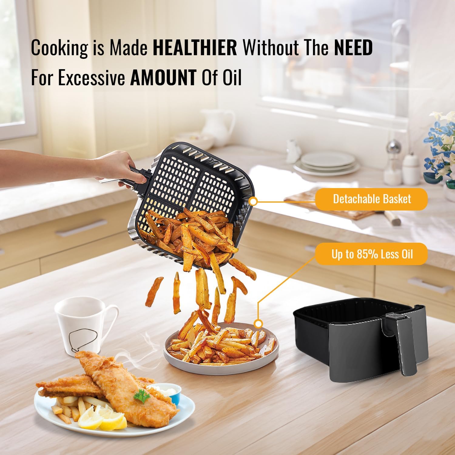 PureMate Air Fryer with Digital Display & Recipes Book, 5.5L Healthy Oil Free 1700W Air Fryer with 7 Preset, LED One Touch Screen, Timer & Adjustable Temperature Control - Image 4