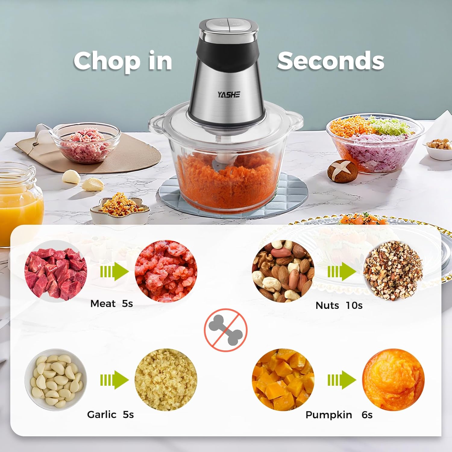 YASHE 1.8L+2L Electric Food Processors & Chopper with Glass and Stainless Steel Bowl,500W Meat Grinder with 2 Speeds, 2 Sets of Blades - Image 3