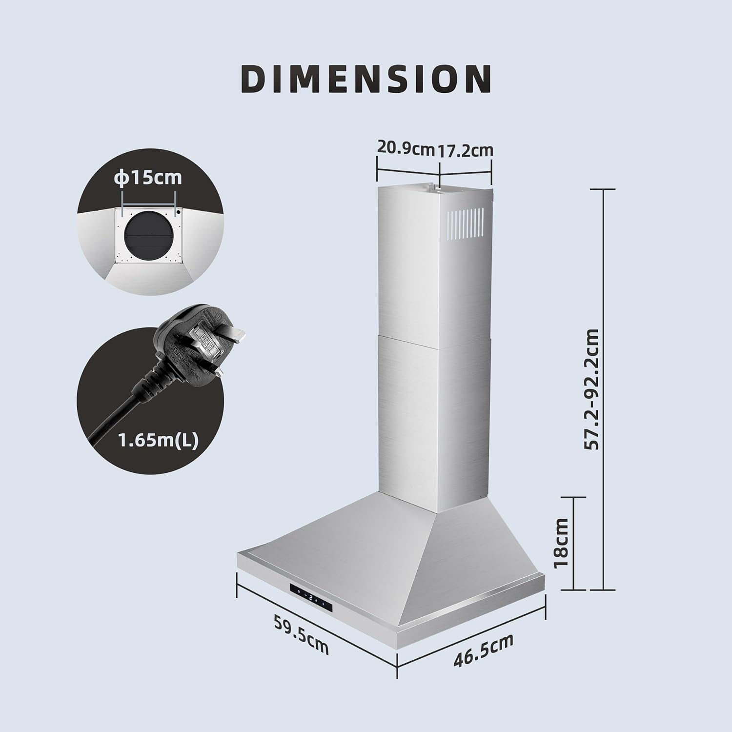 FIREGAS Chimney Cooker Hood 60 cm, 3 Fand Speeds, 335 m³/h,Touch controls,Recirculating & Ducting Extractor Hood Wall Mounted Range Hood 600mm Kitchen Extractor Fan - Stainless Steel - Image 6