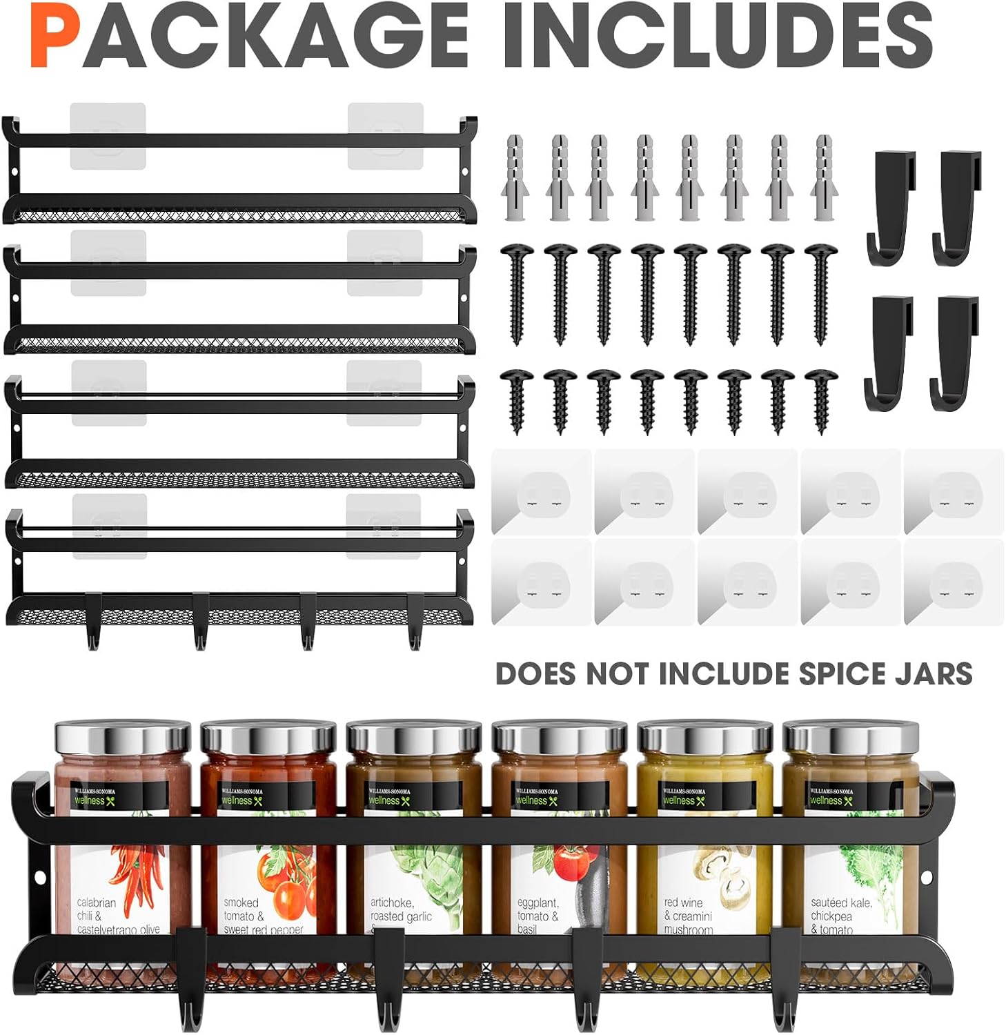 Spice Rack Wall Mounted 4 Pack, Inside Cupboard Spice Organiser with Moveable 4 Hooks, Adhesive and Screws – Seasoning Organizer for Kitchen Door Storage(Black) - Image 3