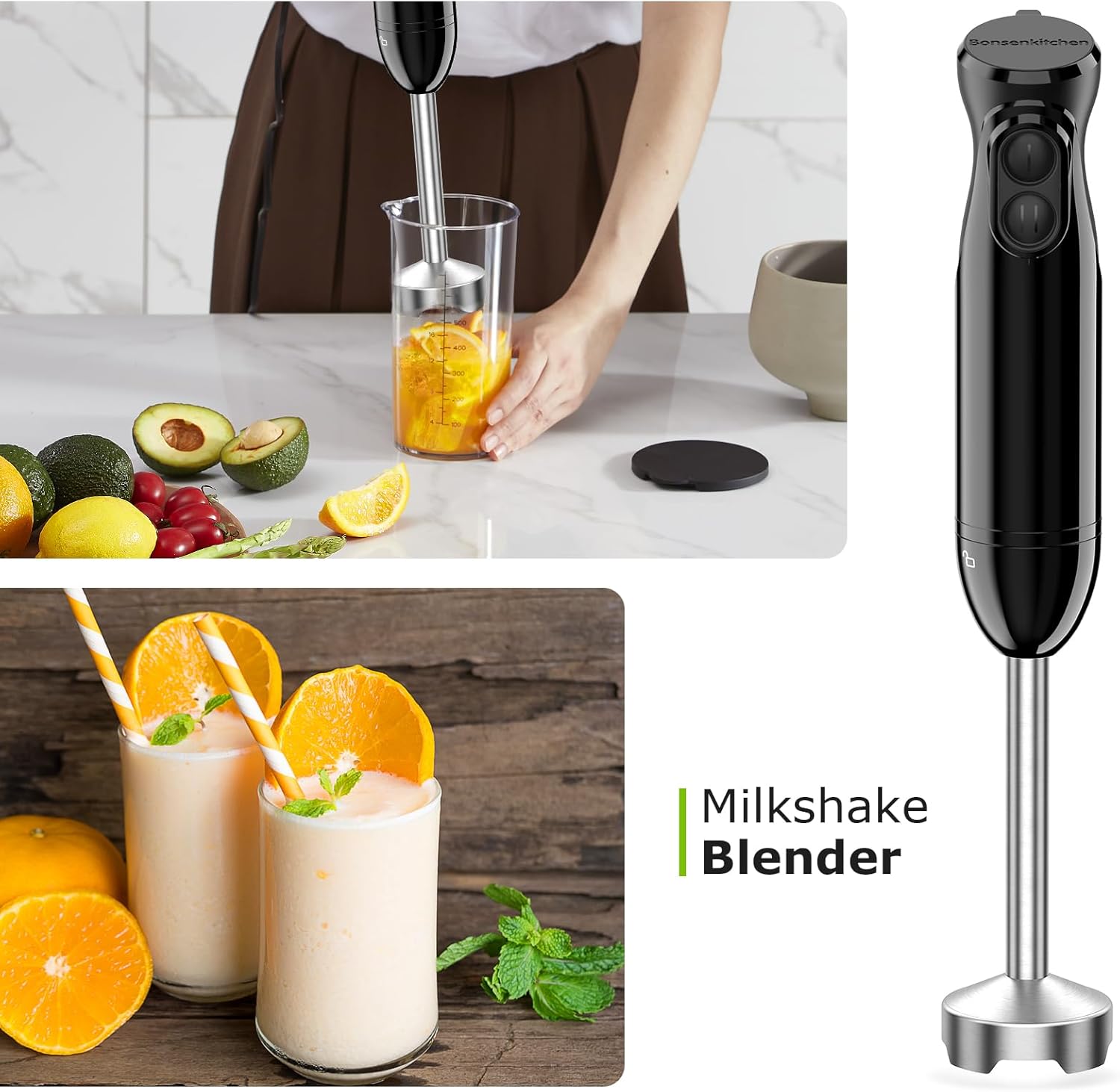 Bonsenkitchen Hand Blender, 3-in-1 Immersion Blender handheld, Stick Blender Electric with Stainless Steel Blade, Egg Whisk, 700ml Beaker for Making Baby Food, Soups, HB3202 (Black) - Image 3