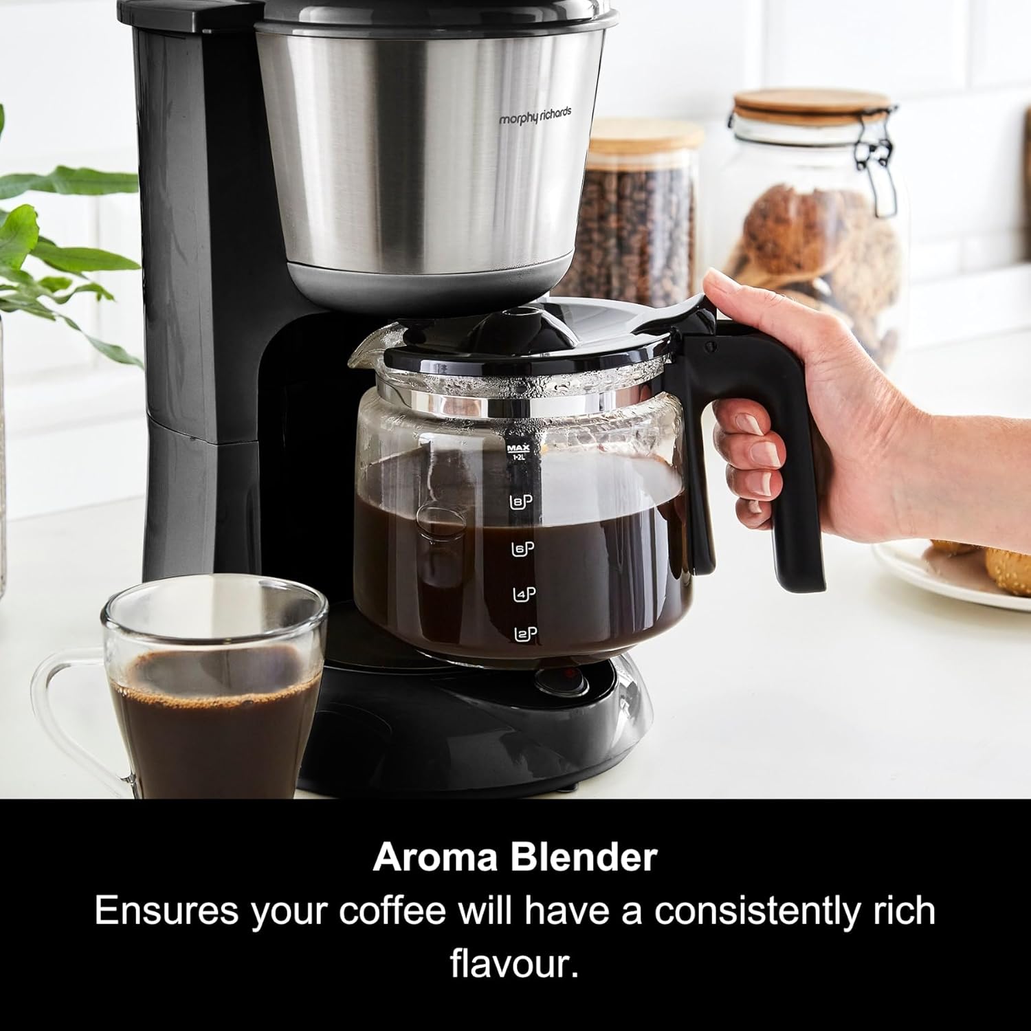 Morphy Richards Equip Filter Coffee Machine, Coffee Maker for Instant Coffee, Pour Over Technology, 10 Cup, Anti Drip, Reusable Filter, Keep Warm, Aroma Blender, Black/Brushed Steel, 162501 - Image 3