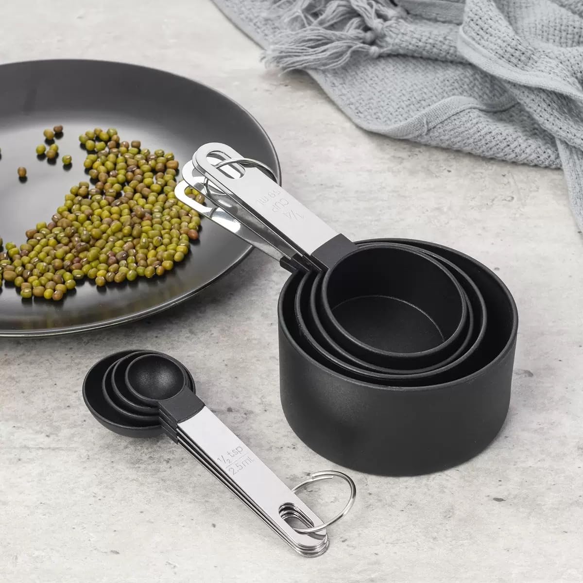 8 Pcs Measuring Cups and Spoons Set, Stackable Stainless Steel Handle Accurate Tablespoon for Measuring Dry and Liquid Ingredients Small Teaspoon with Plastic Head (Black) - Image 3