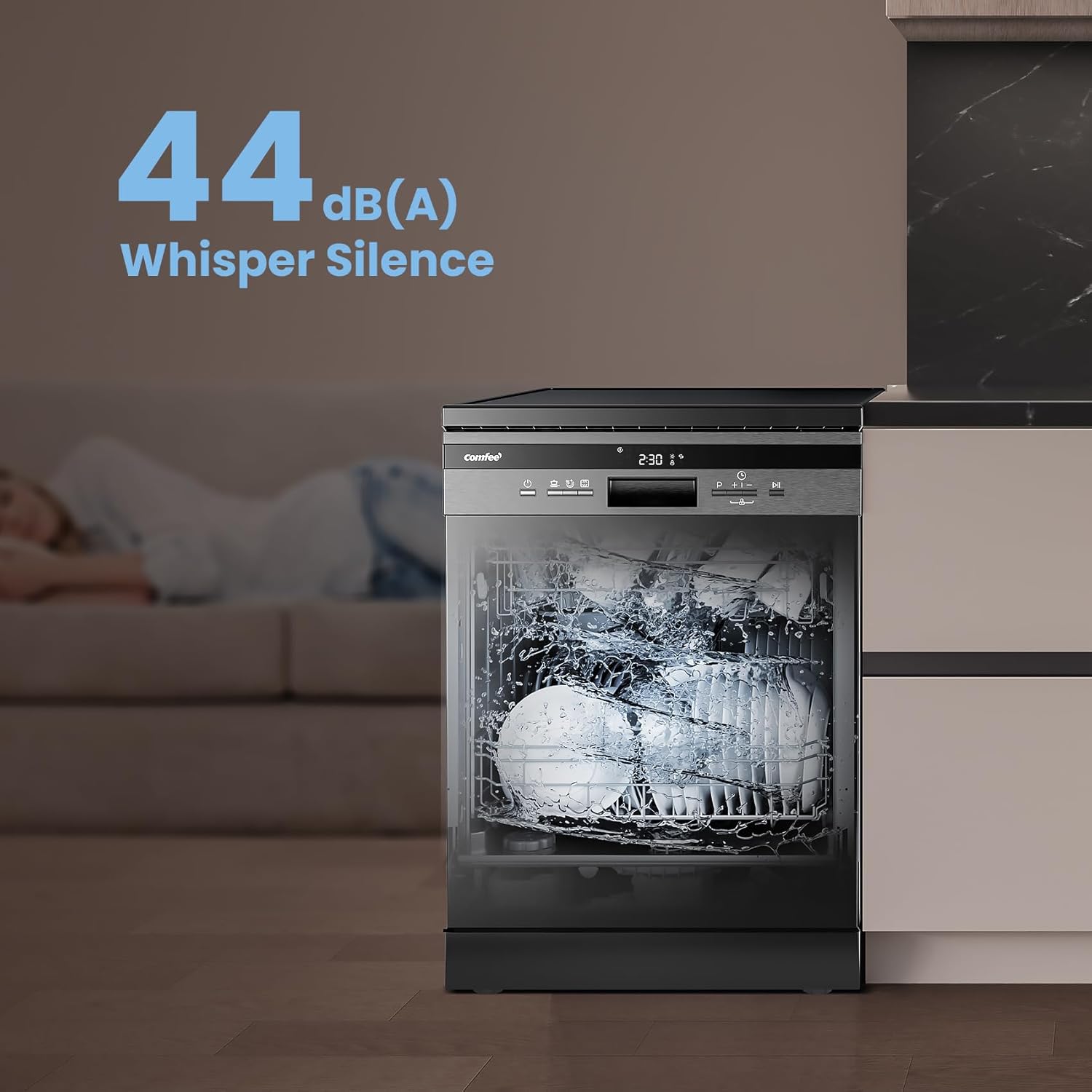 COMFEE' Freestanding Dishwasher CDWEF1435EBC-UK with 14 place settings, Full Size, Whisper Quiet 44dB, Wide LED Display, Delay Start, Half Load Function, Flexible Racks, Black - Image 5