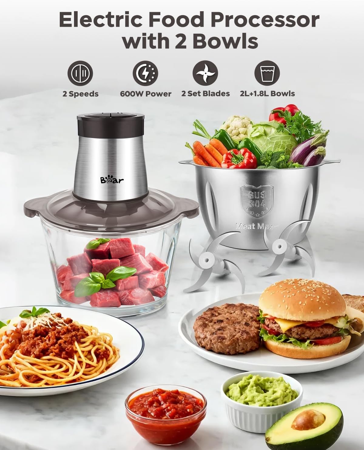 Bear 2L+1.8L 600W Electric Food Processors & Chopper with Glass Container and 304 Stainless Steel Container, 2 Speed Settings, 4 Stainless Steel Blades for Chopping Meat, Baby Food, Fruit, Vegetable - Image 2