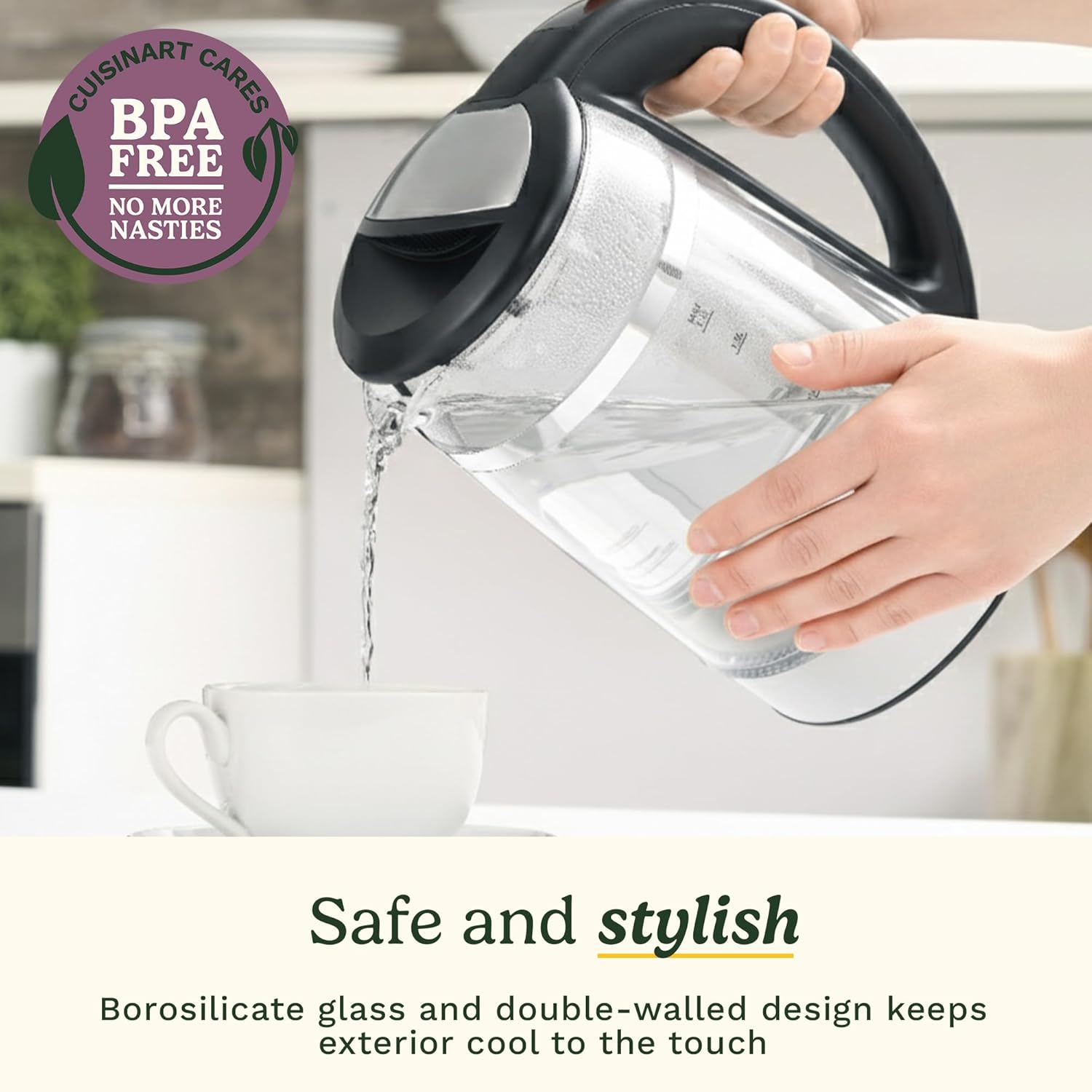 Cuisinart 1.7L Glass Kettle with Touch Screen Variable Temperature Control|Double Walled Glass, Safe to Touch| Illumination|3KW Rapid Boil|BPA-Free|Non-Drip Spout|360° Swivel Base|One-Cup Marking - Image 5