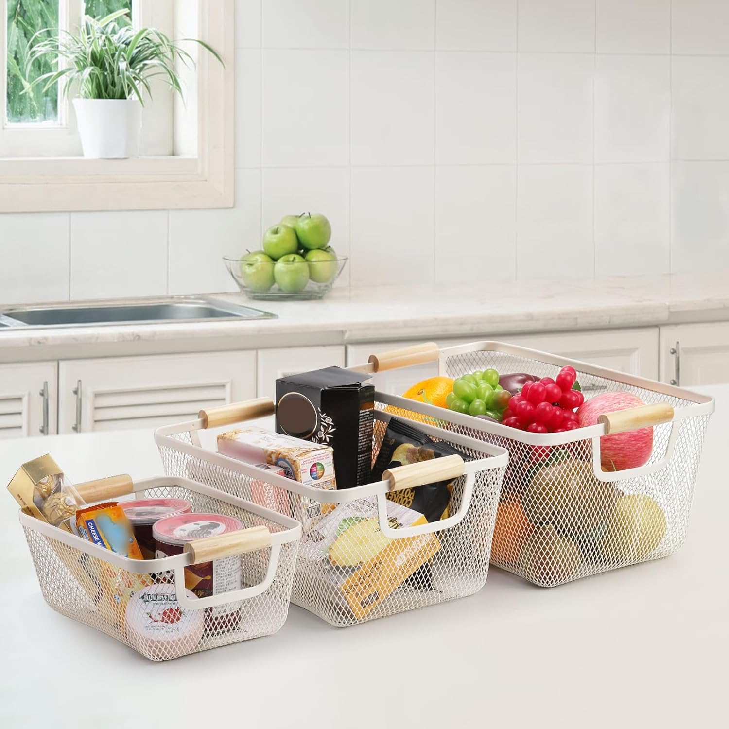 Noamus 3 Pack Metal Mesh Baskets with Wood Handle, Iron Storage Organizer Basket, White Wire Countertop Baskets for Organizing, Cabinet Pantry Closet Bedroom Kitchen(3 Size) - Image 4
