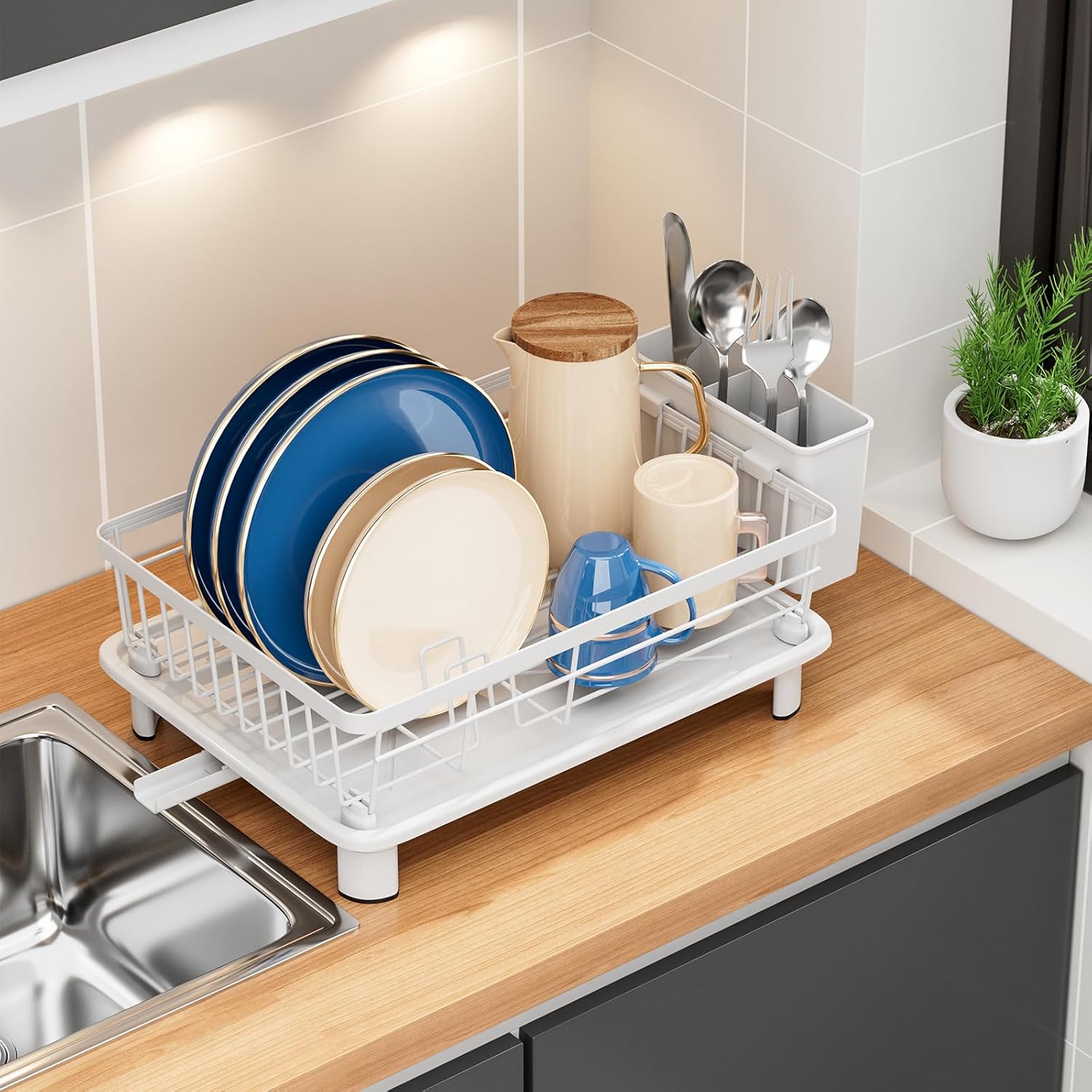 Dish Drainer Rack with Drip Tray Kitchen Dish Drying Rack with 360°Swivel Spout Metal Sink Drainer with Removable Cutlery Holder (White, Small) - Image 9