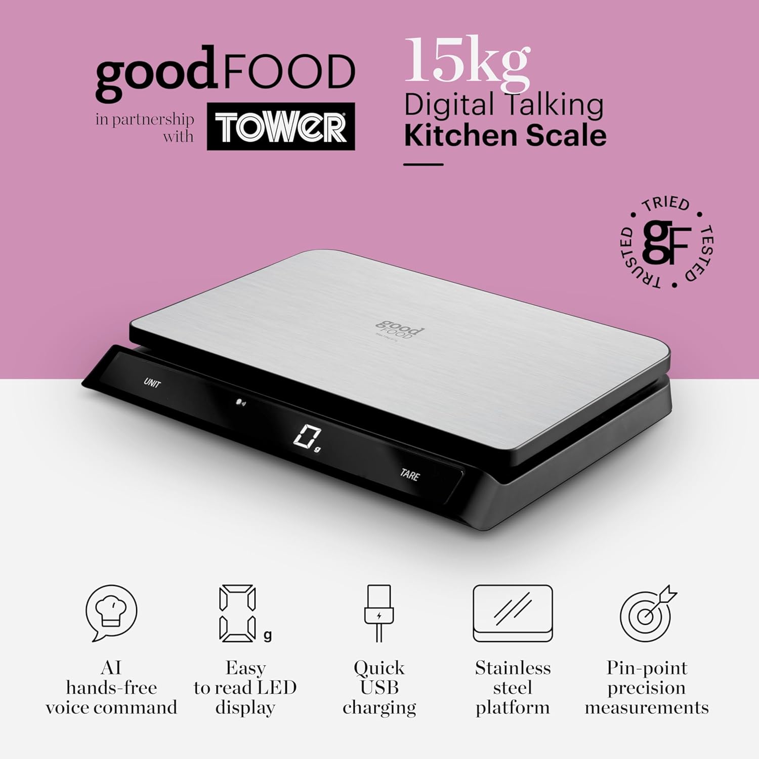 GF876009 Good Food in partnership with Tower Digital Intelli Kitchen Scale, Voice Control, LED Display, USB Rechargeable, 15kg Capacity, Black & Stainless Steel, 19.45 - Image 2