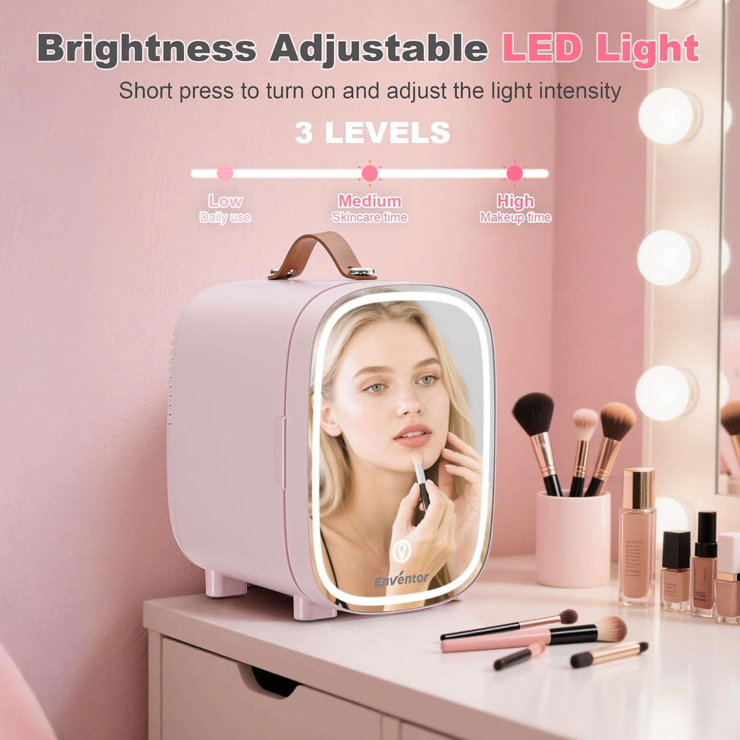 Enventor Mini Fridge 4L/ 6 Can, Skincare Fridge With Dimmable LED Light Mirror, AC+12V DC Power Cooler & Warmer for Bedrooms, Home, Car/Cosmetics, Skin Care and Food, Pink - Image 4